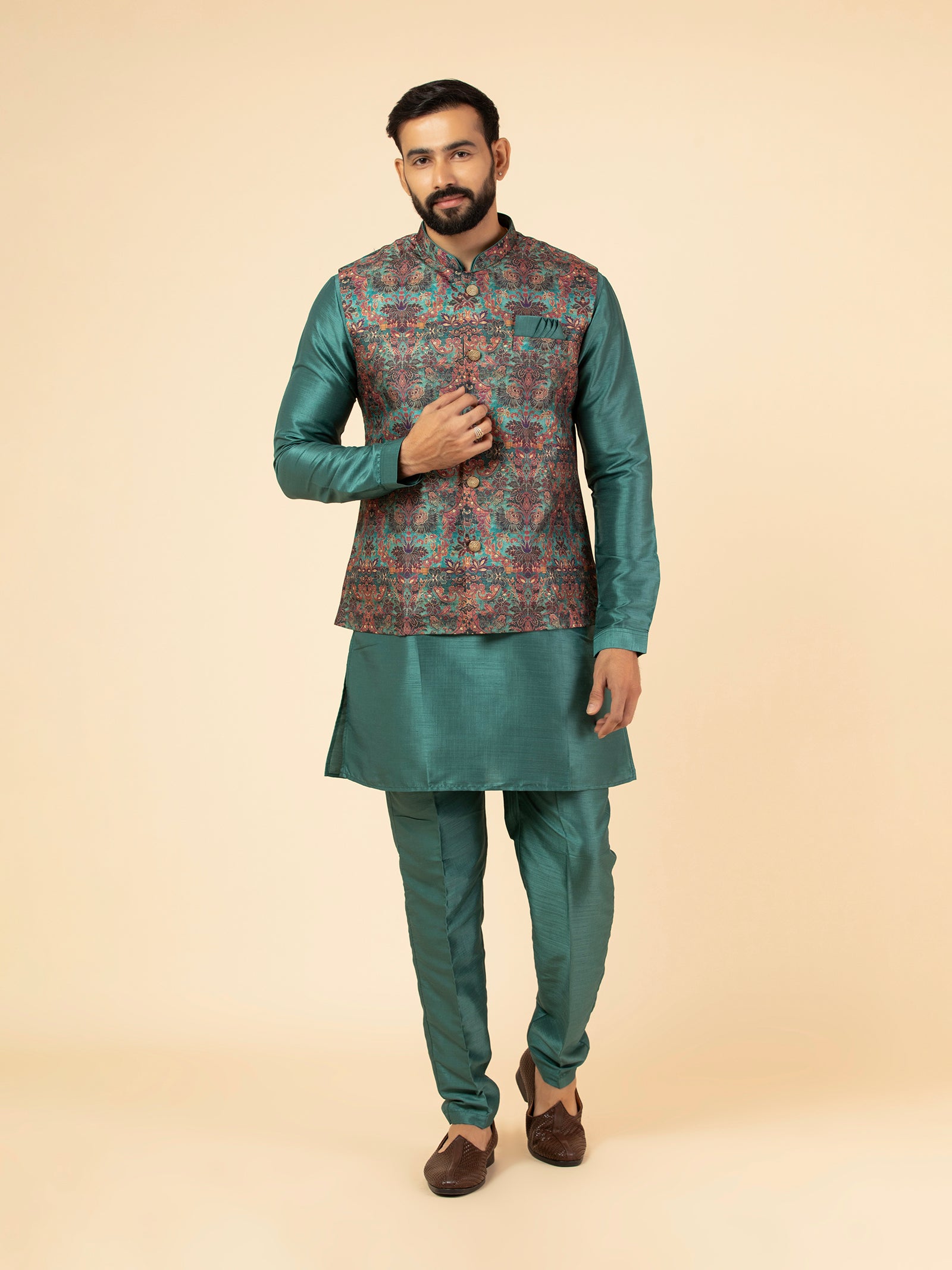 Teal Tapestry Brocade Jacket Set