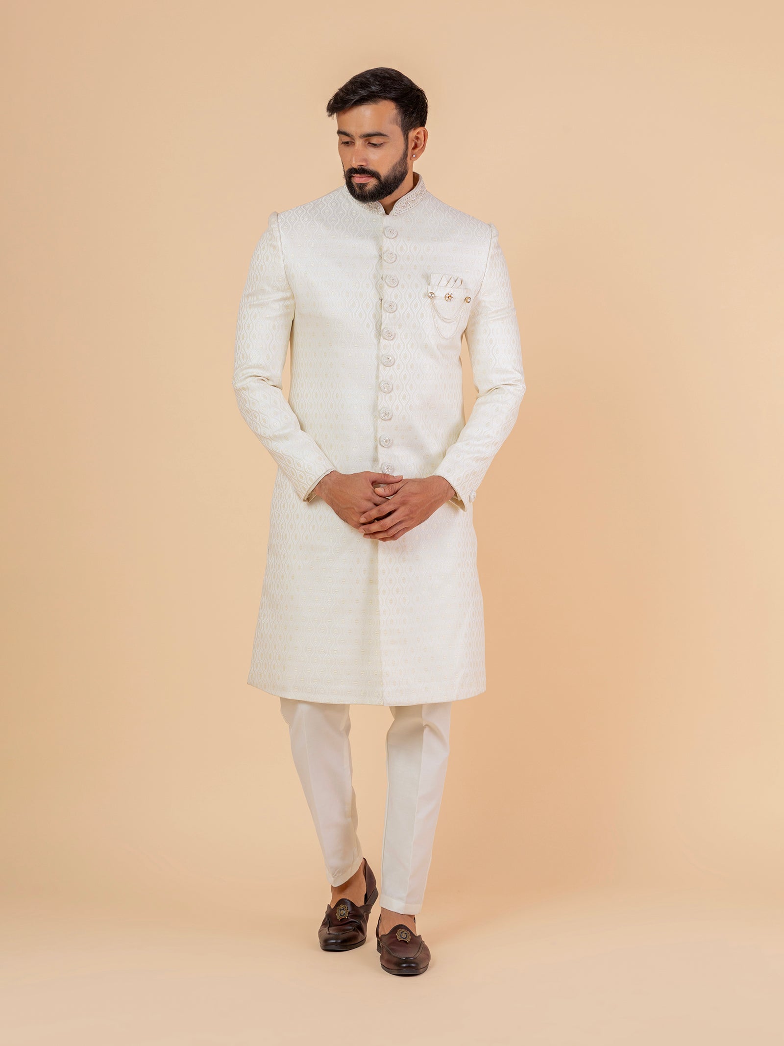 Ivory Damask Patterned Sherwani
