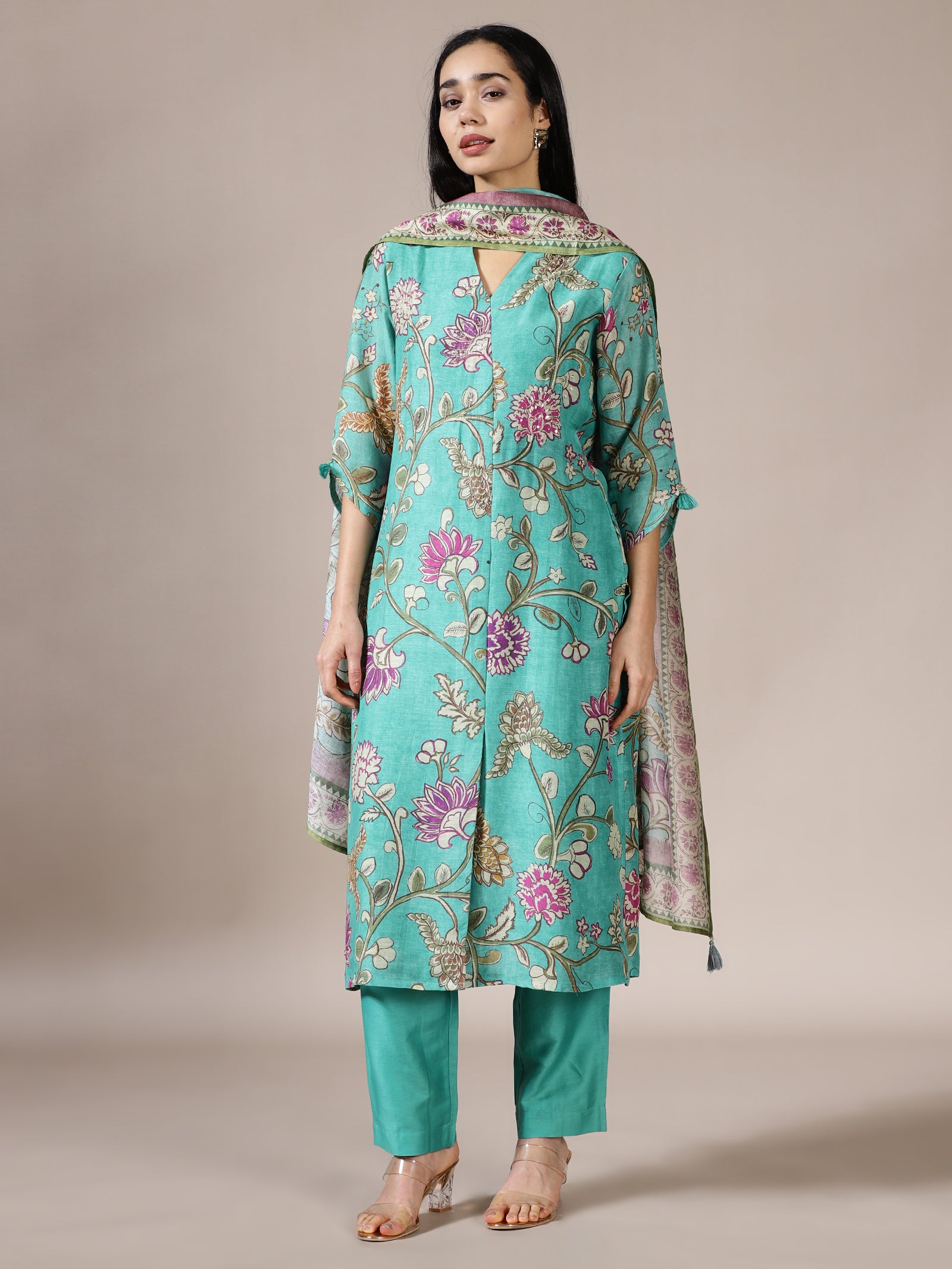 Aqua Floral Vine Printed Suit Set