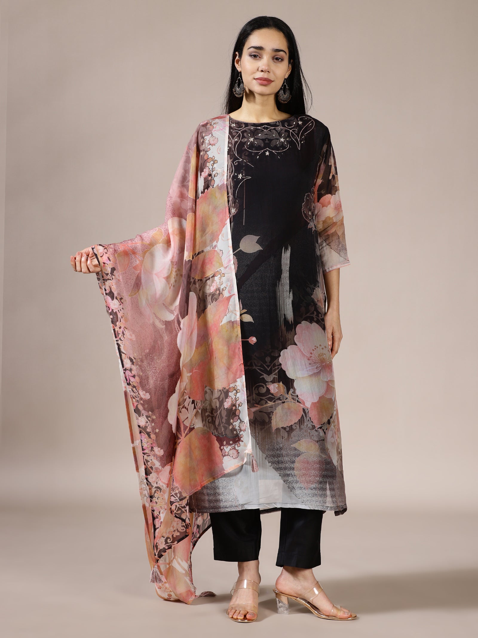 Black Floral Print Tunic Set