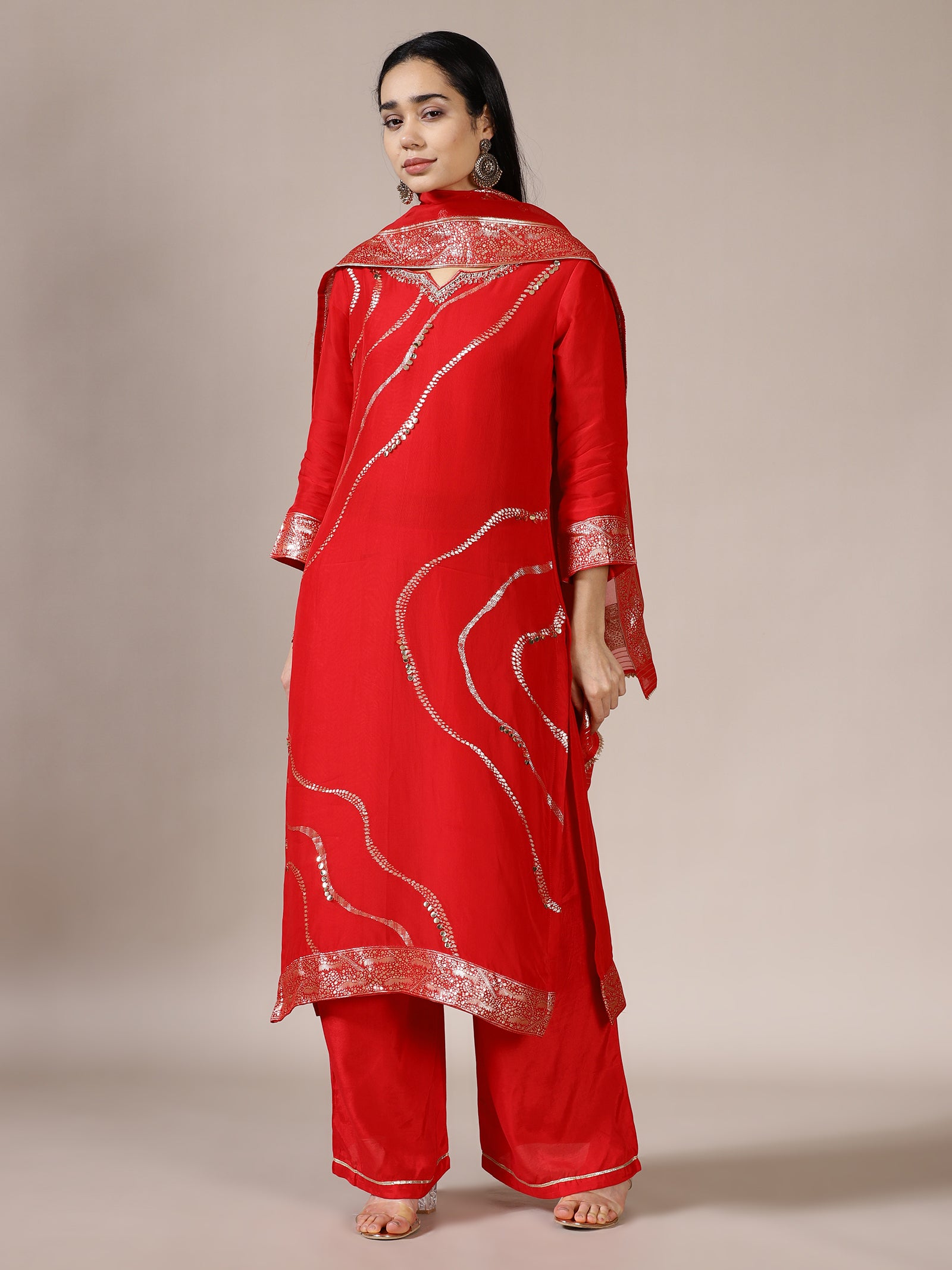 Regal Red Solid Kurta Set with Contemporary Silver Sequin Detailing