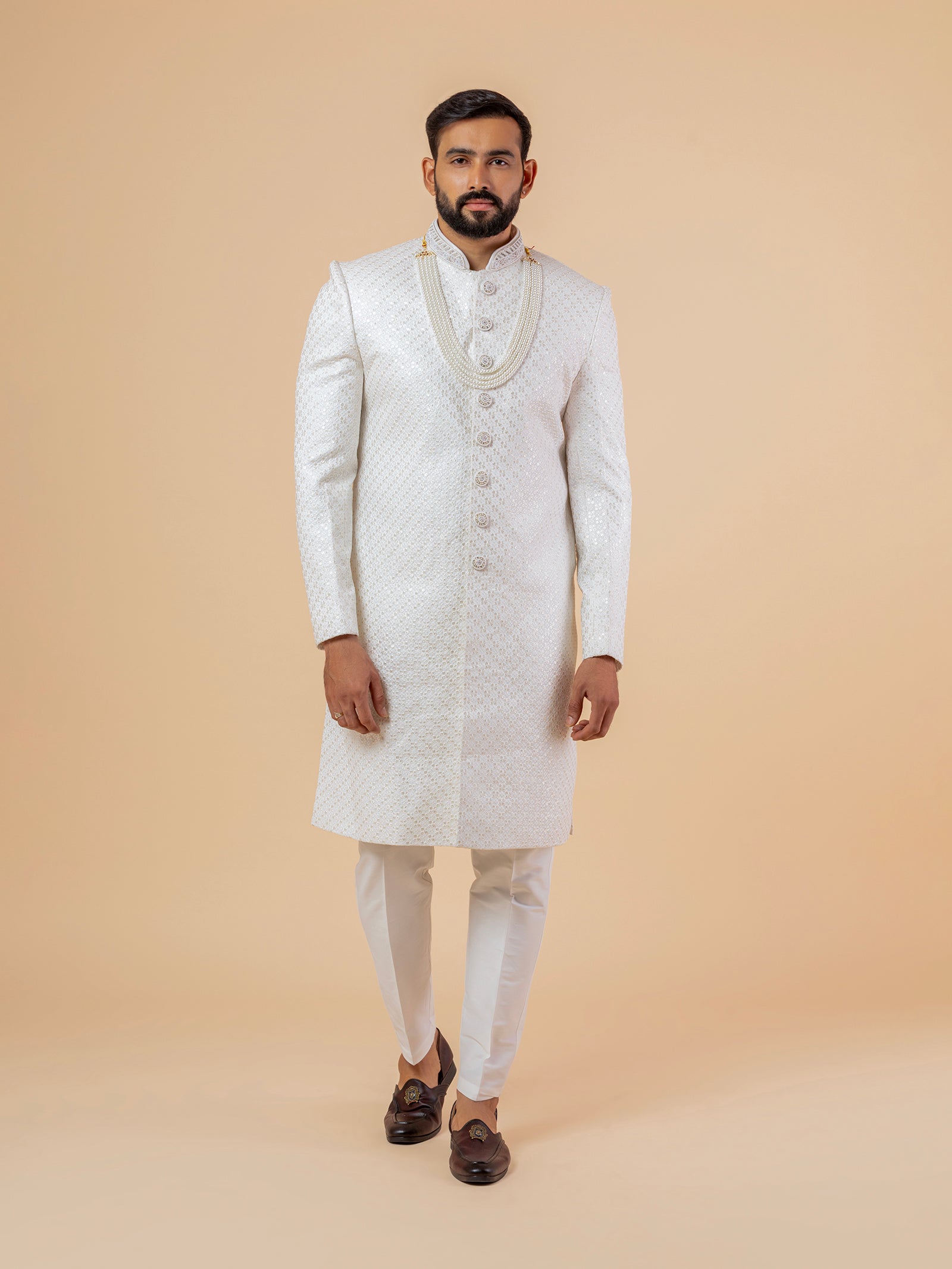 Warm White Allover-Embroidered Sherwani