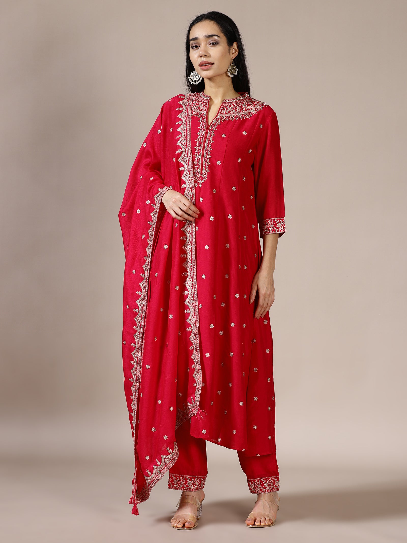 Scarlet Red Zari Embroidered Kurta Set