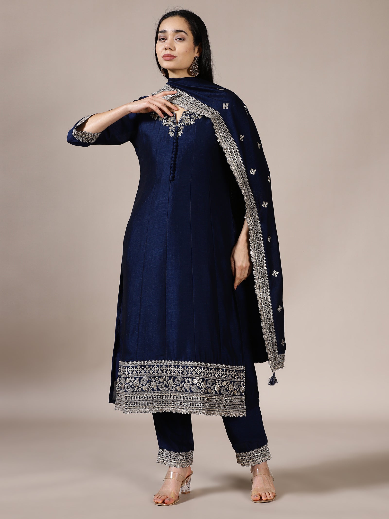 Ink Blue Pleated Embroidered Suit Set