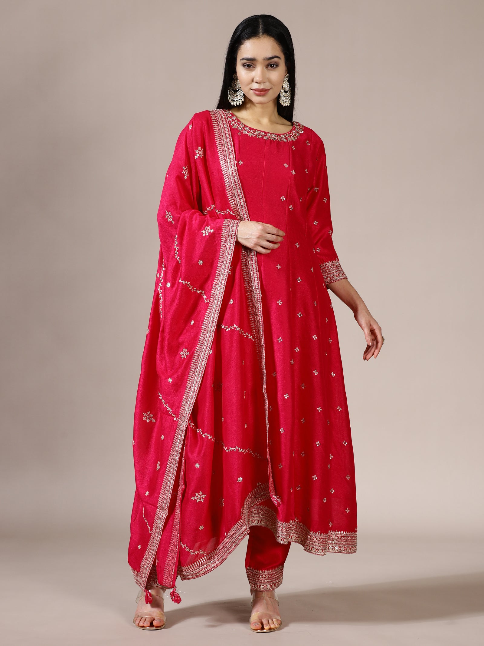 Fuschia Pink Mirror Work A-Line Suit Set
