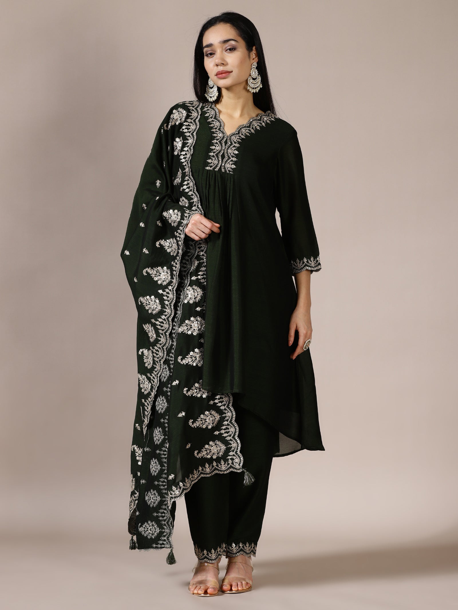 Emerald V-Neck Embellished Suit Set