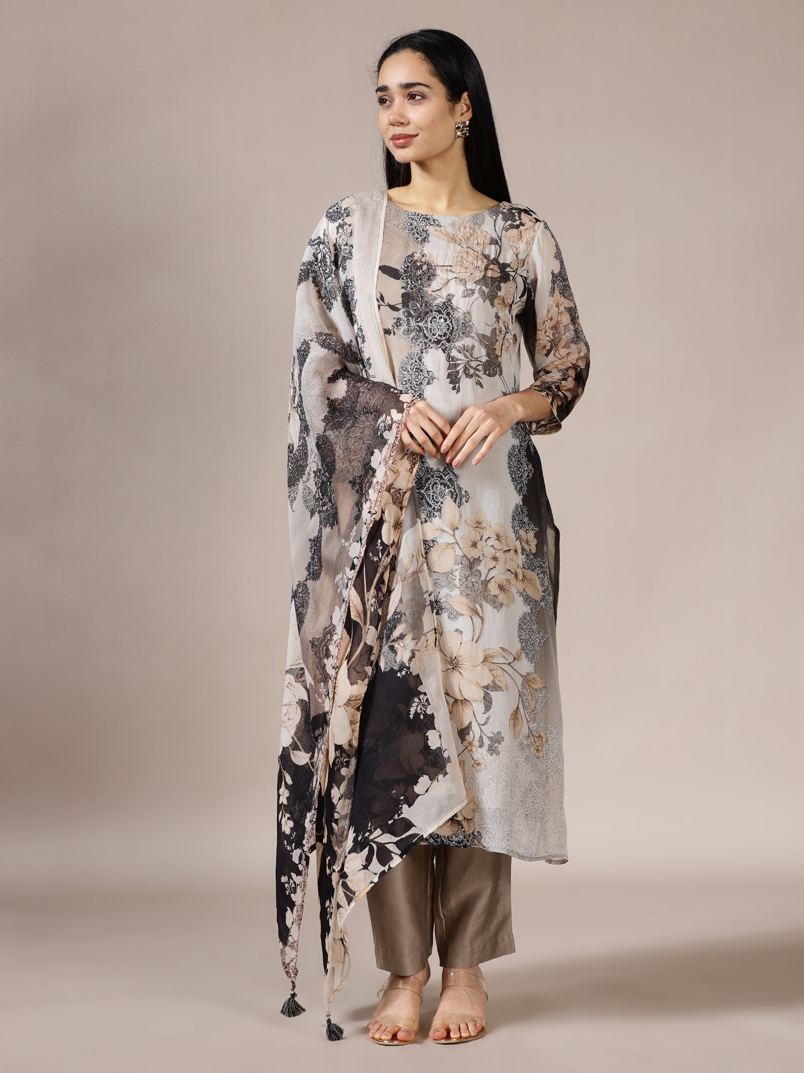 Grey Floral Abstract Suit Set