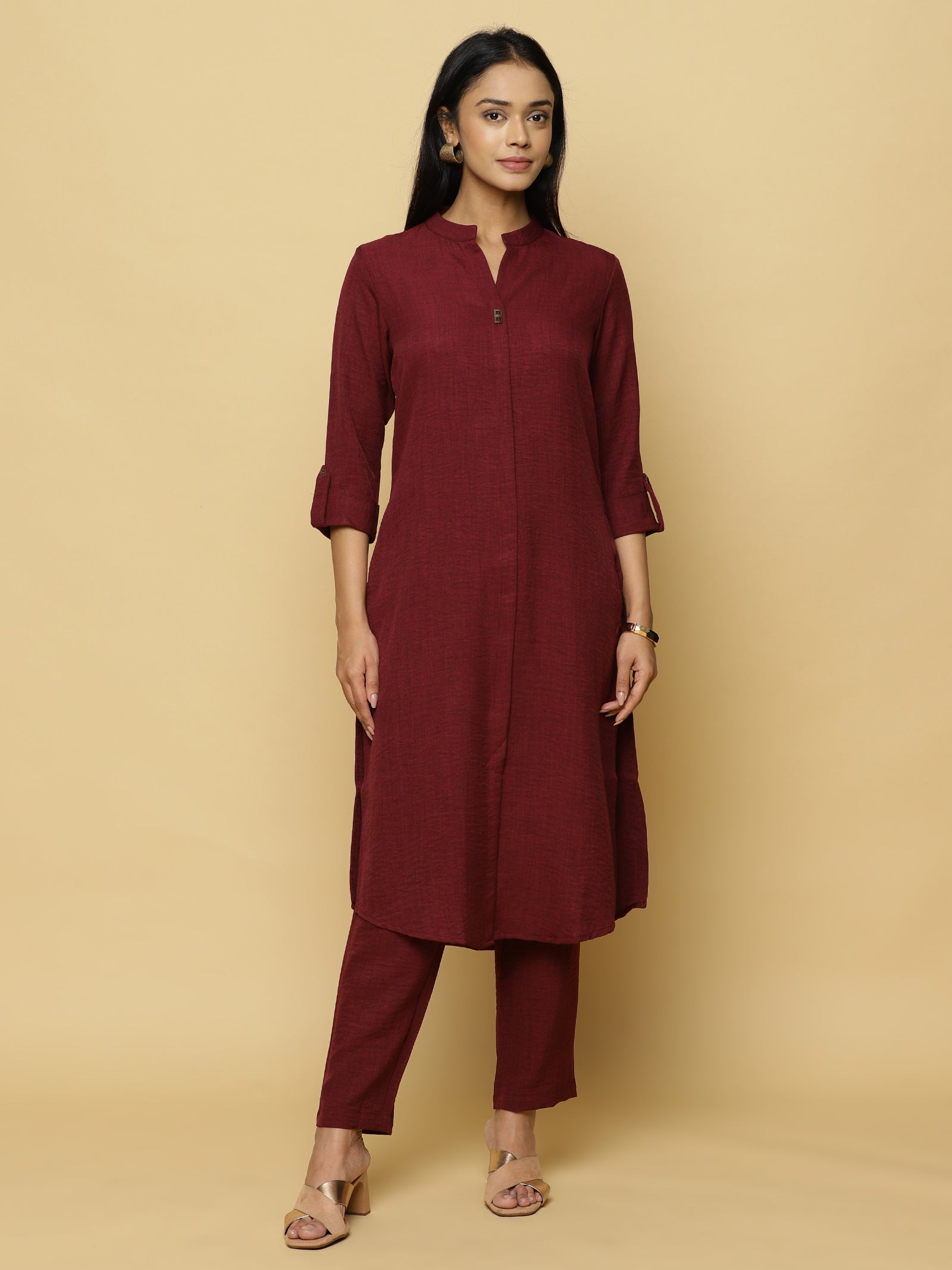 Warm Maroon Mandarin Co-ord Set