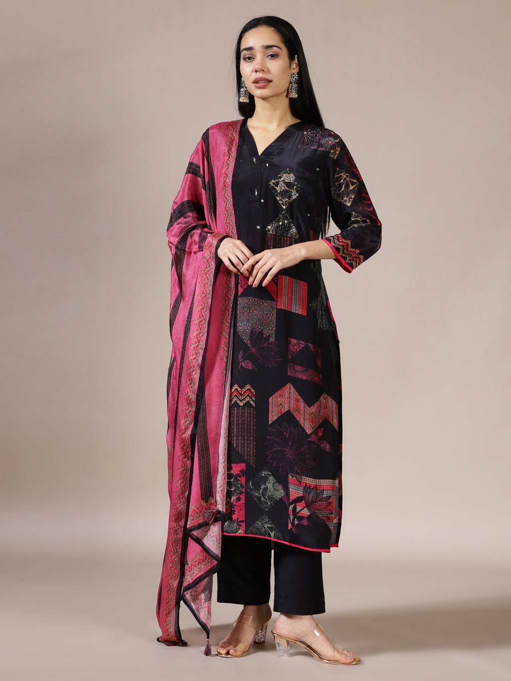 Black Abstract Print Tunic Set