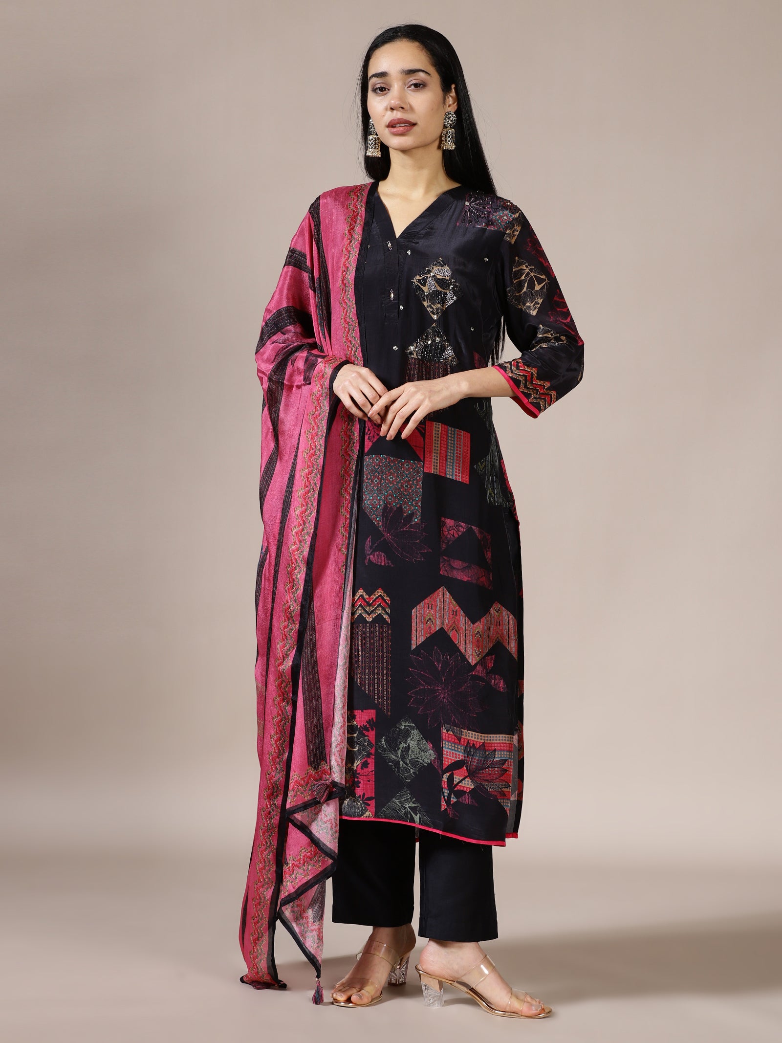 Black Abstract Print Tunic Set