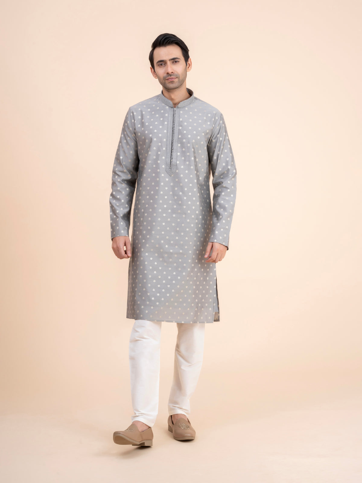 Grey Woven Motif Kurta Set