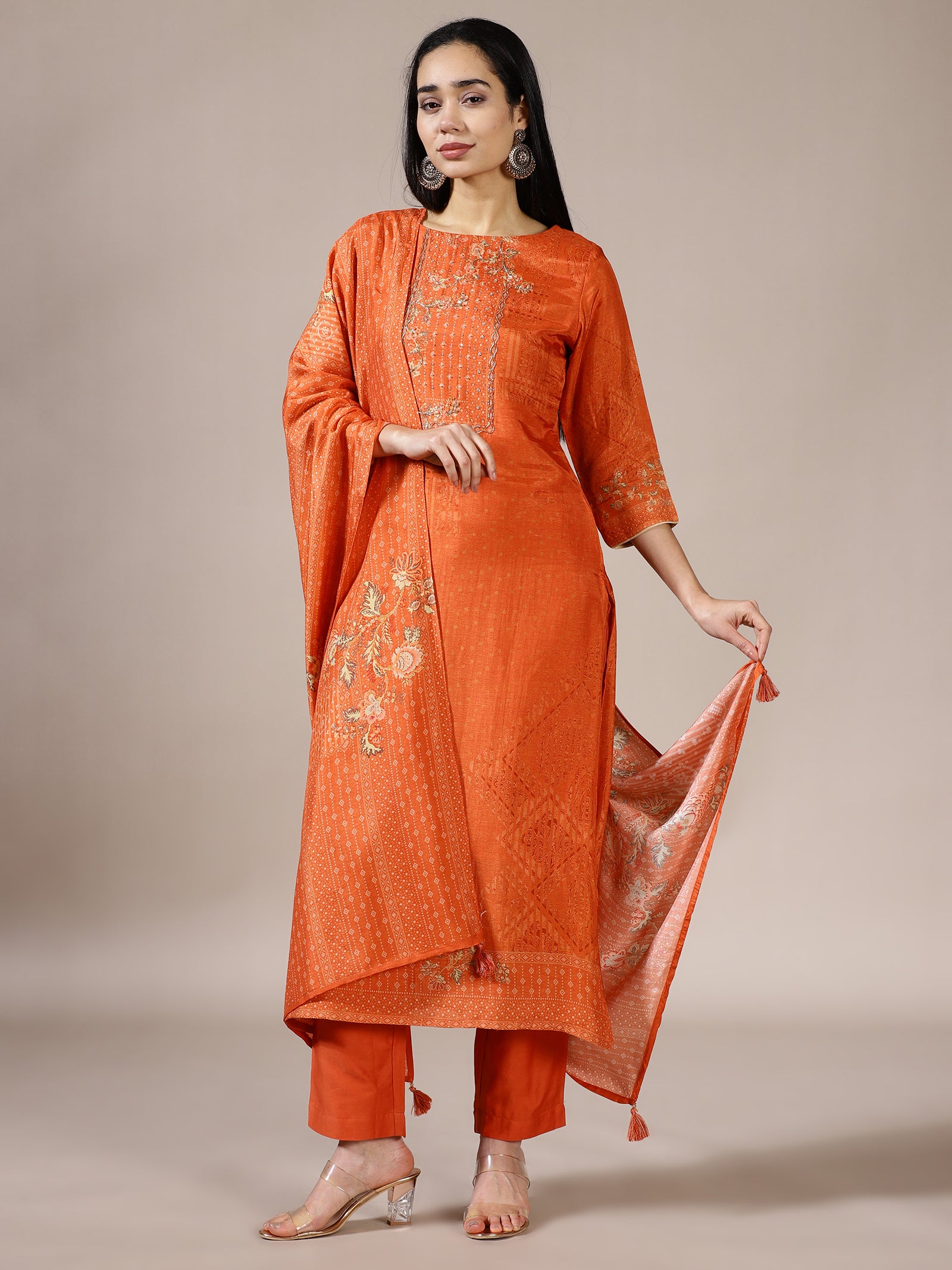 Burnt Orange Textured Embroidered Suit