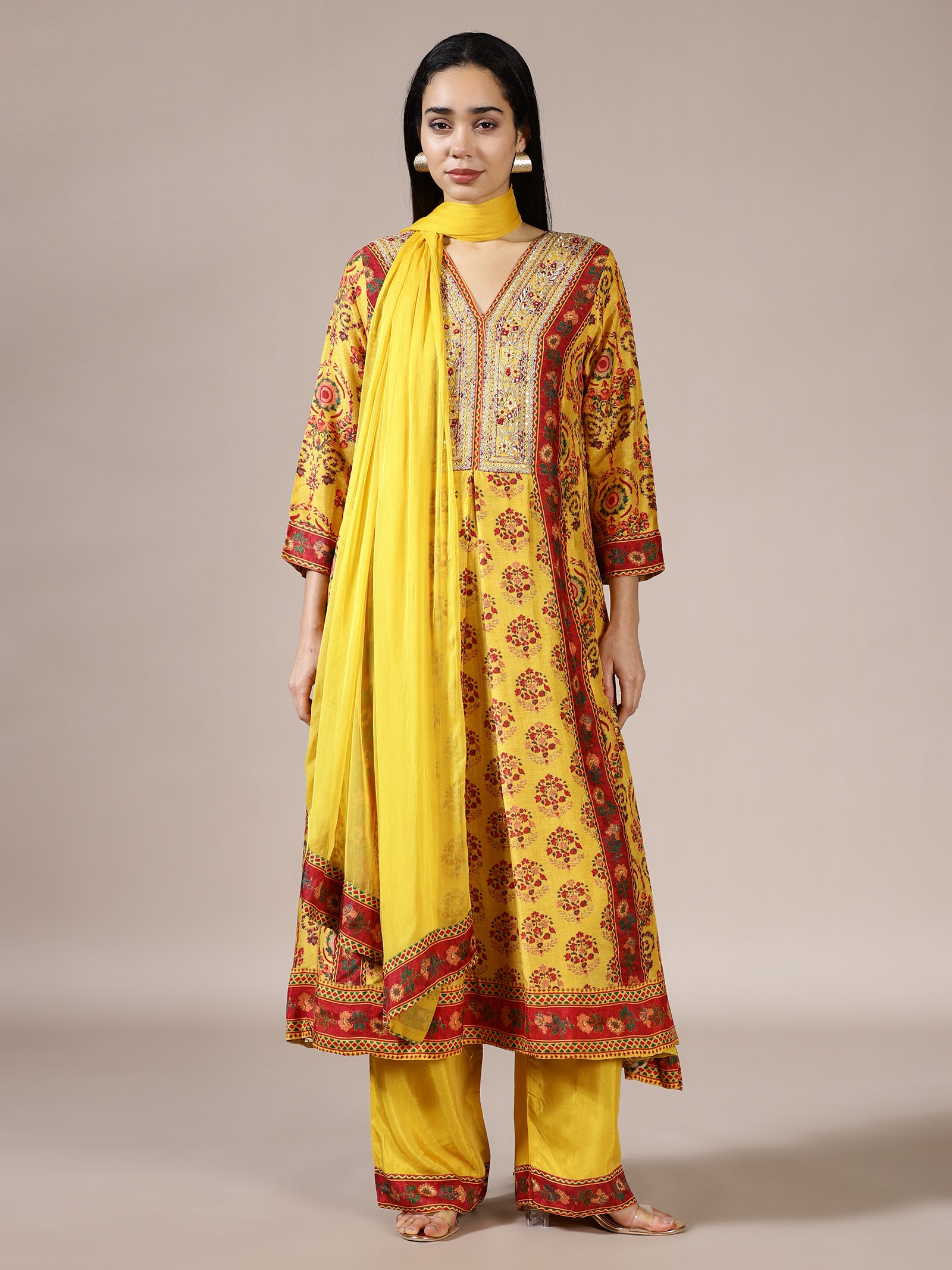 Mustard Block Print A-Line Kurta Set