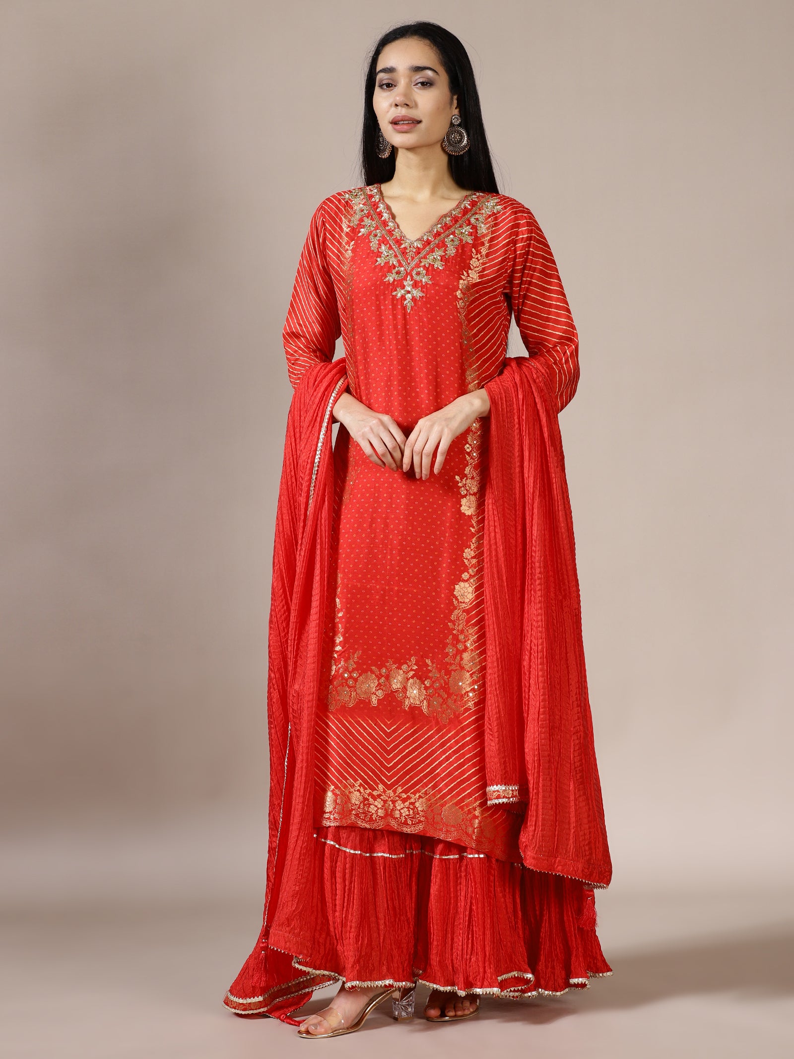 Red Striped Kurta & Tiered Gharara Set with Gold Sequin Work