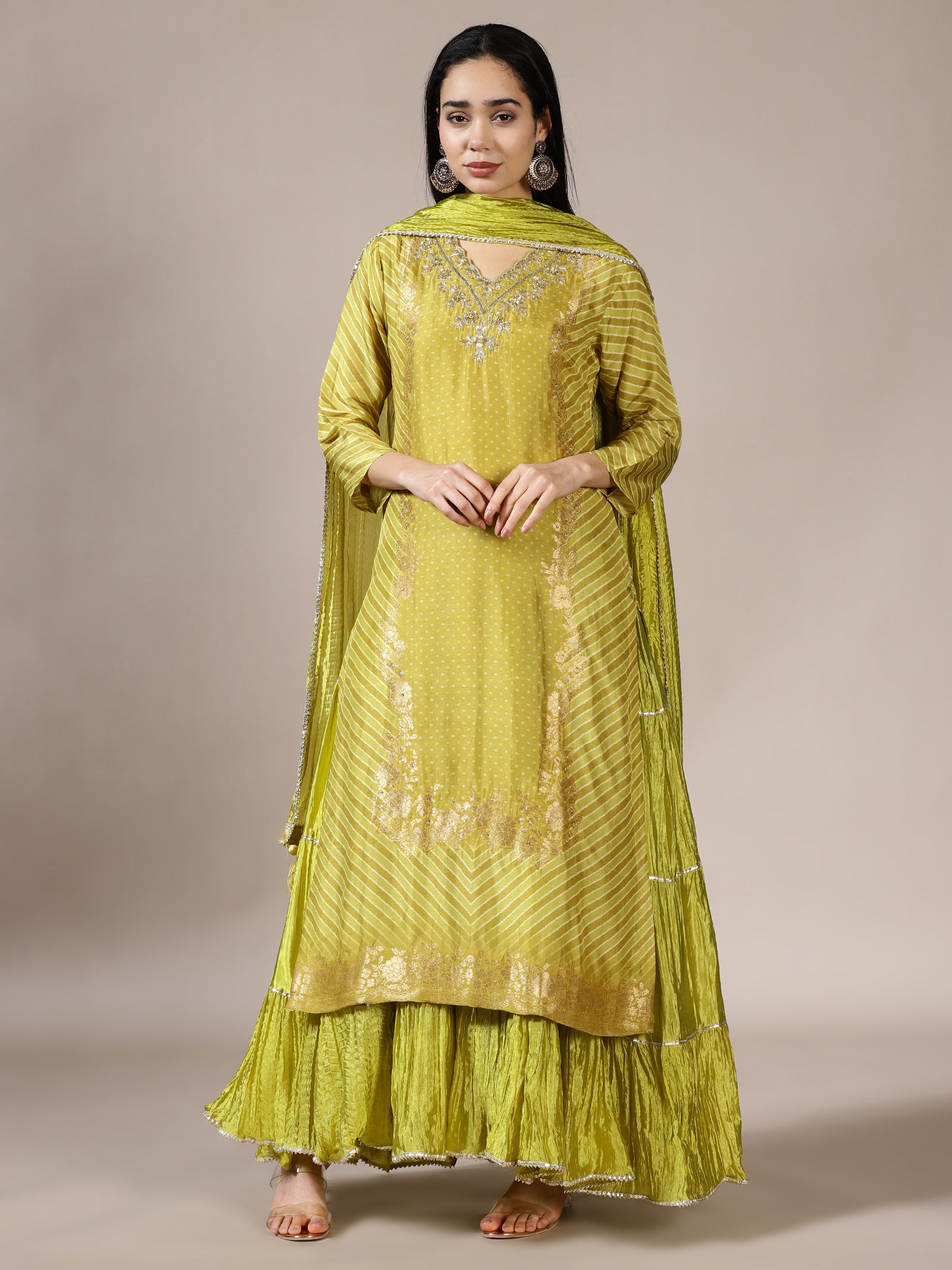 Leheriya Ruffled Gharara Set in Lime Green with Gota Patti Work