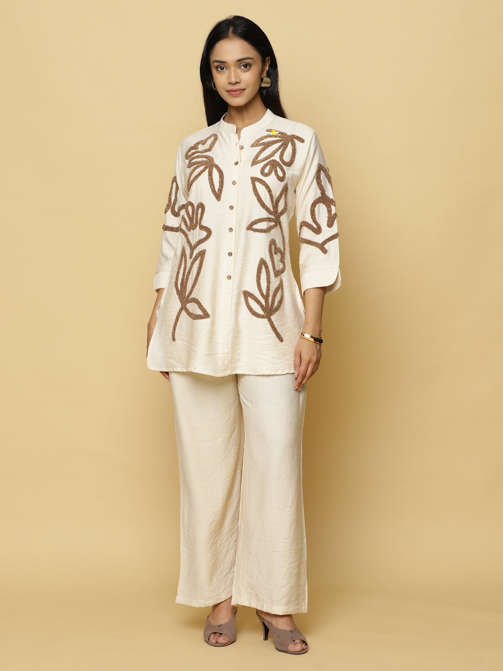 Cream Floral Placket Co-ord Set