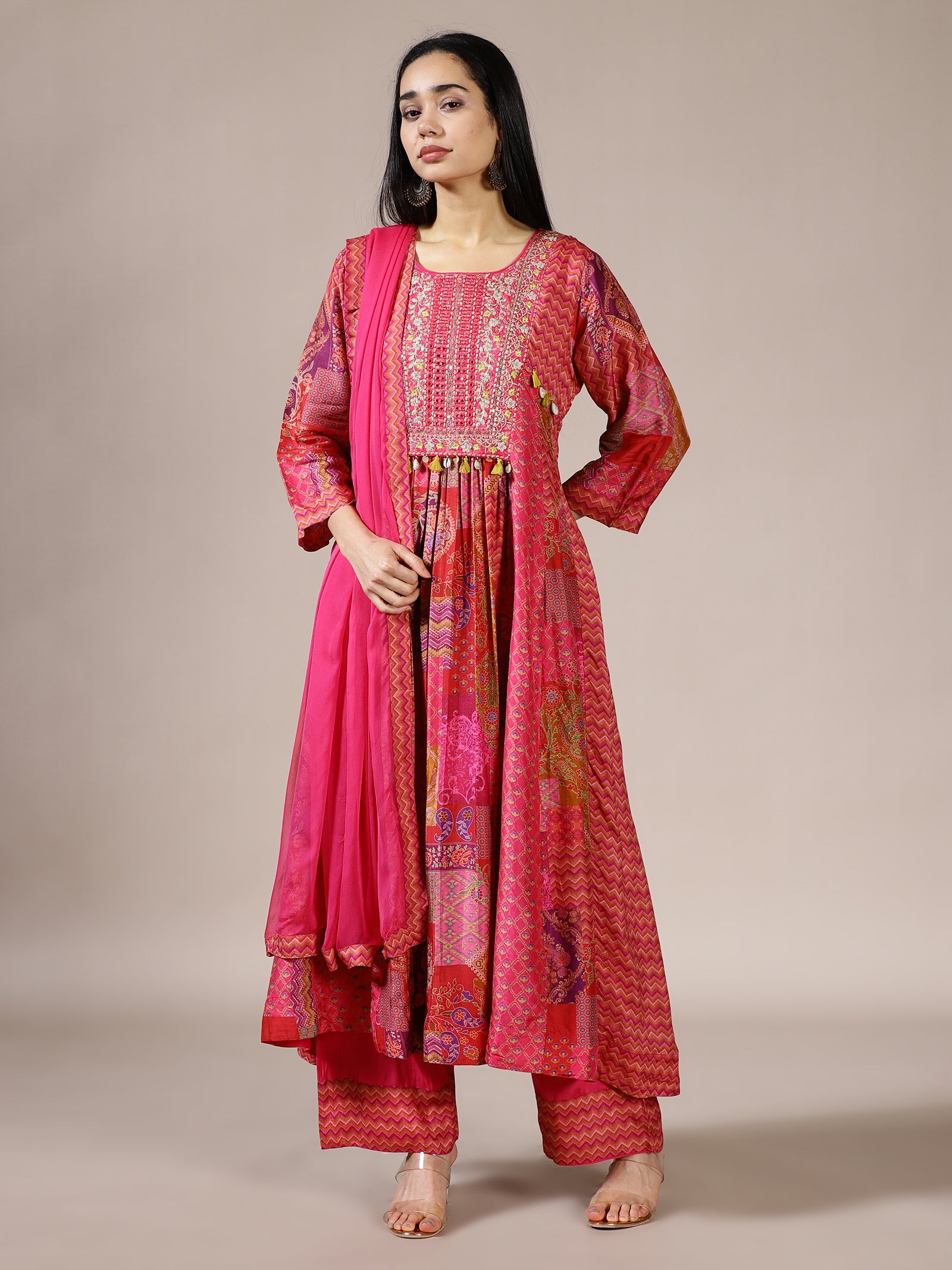 Fuchsia Anarkali Kurta Set with All-Over Print and Hand Embroidery