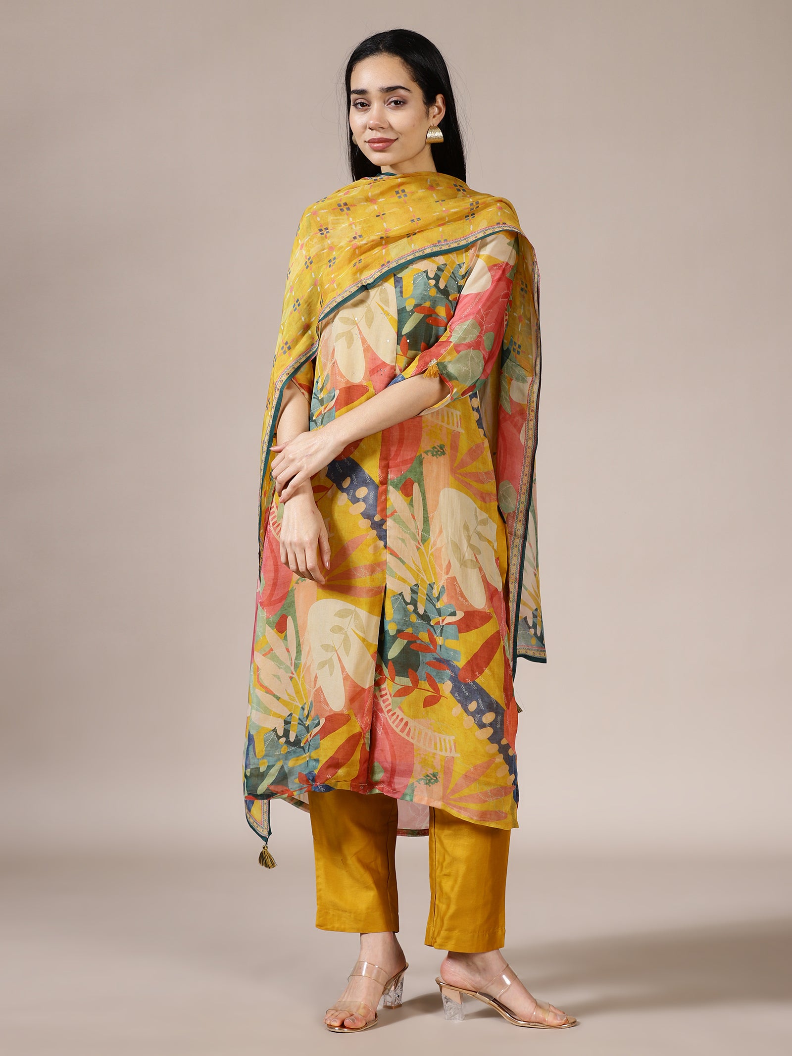 Mustard Yellow Abstract Print Suit Set