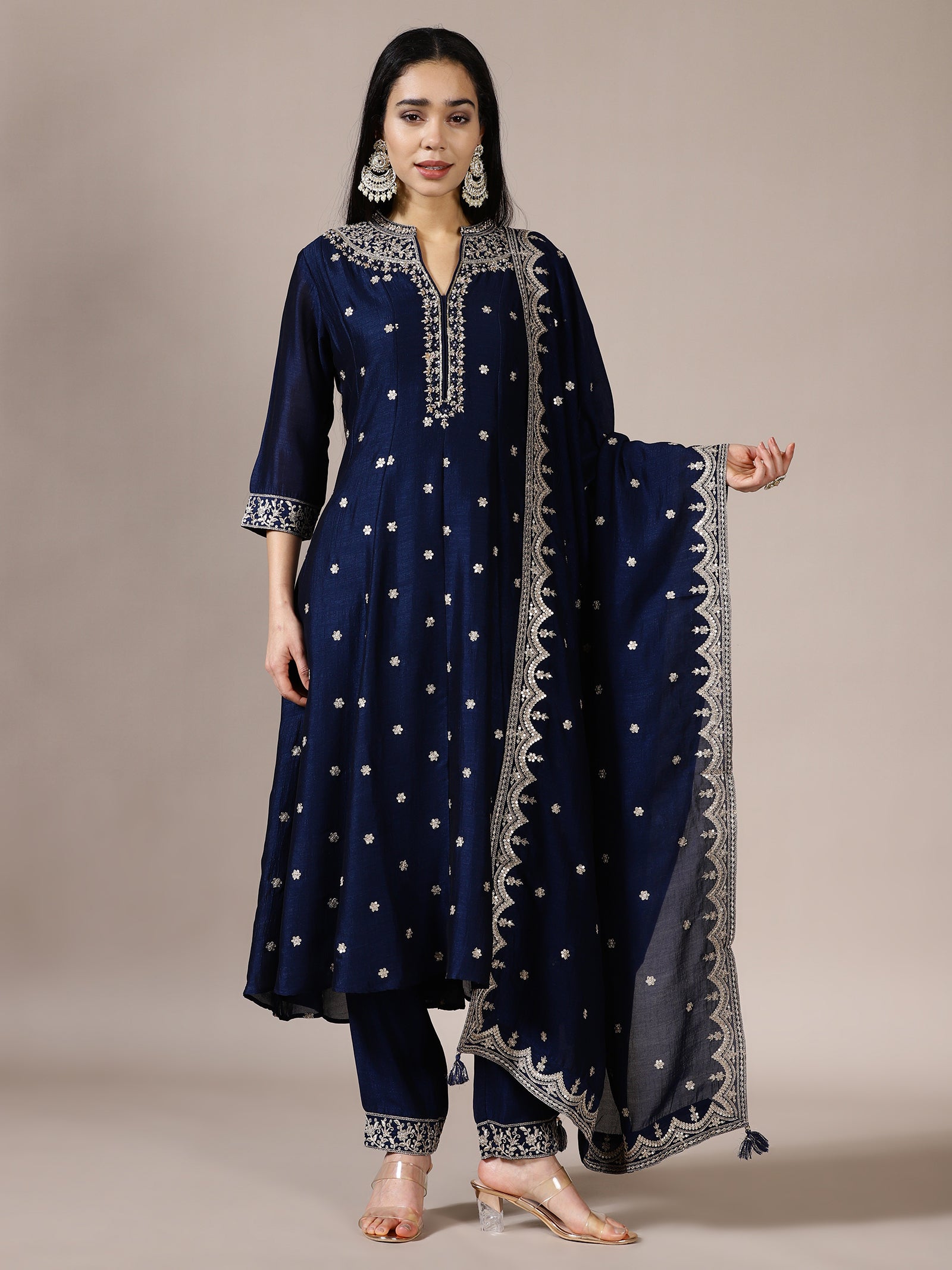 Midnight Blue A-Line Zari Work Suit Set