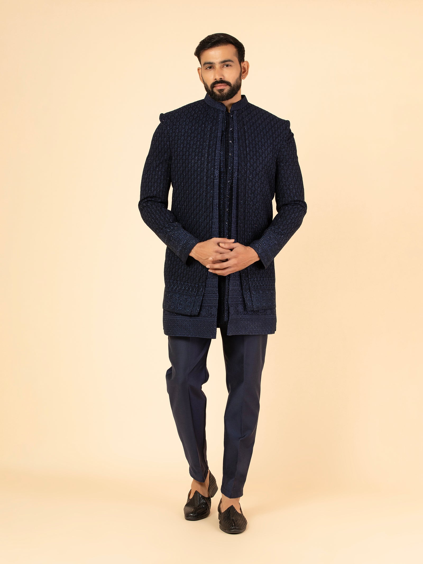 Indigo Diamond Lattice Indowestern Set