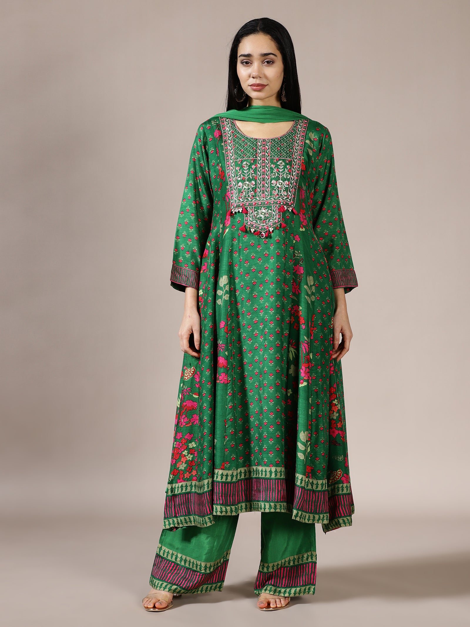 Emerald Green Flared Kurta Set with Floral Print