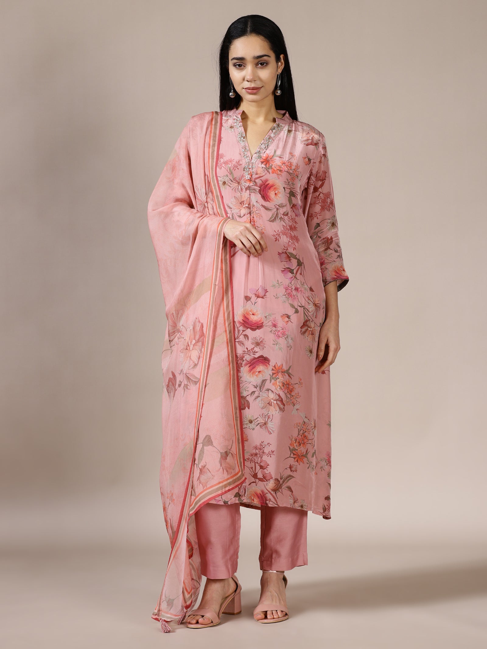 Rose Pink Water Colour Floral Suit Set