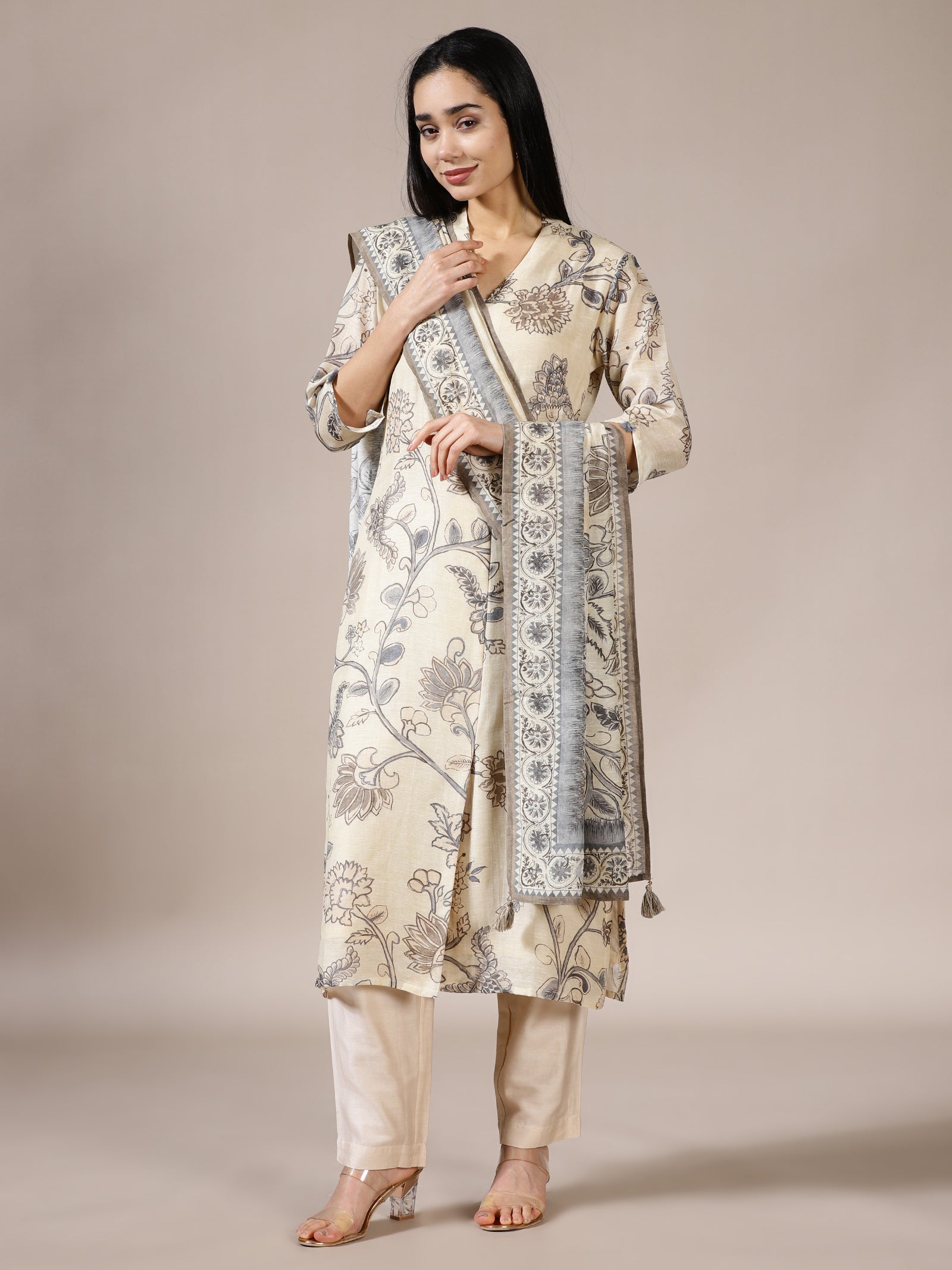Off-White & Grey Printed Silk Blend Suit Set