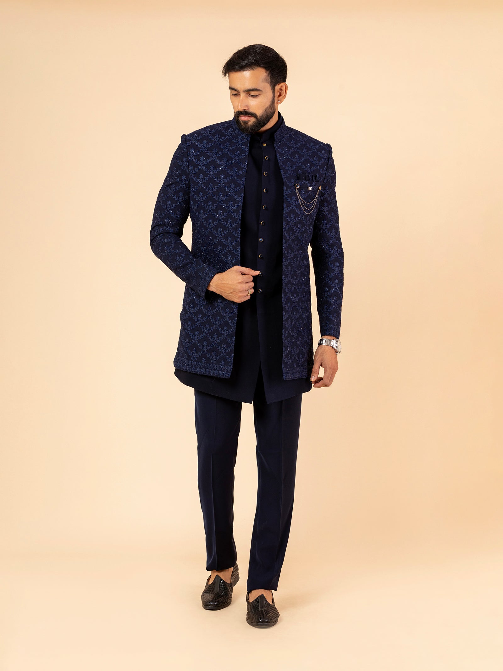 Deep Indigo Floral Threadwork Indowestern Set