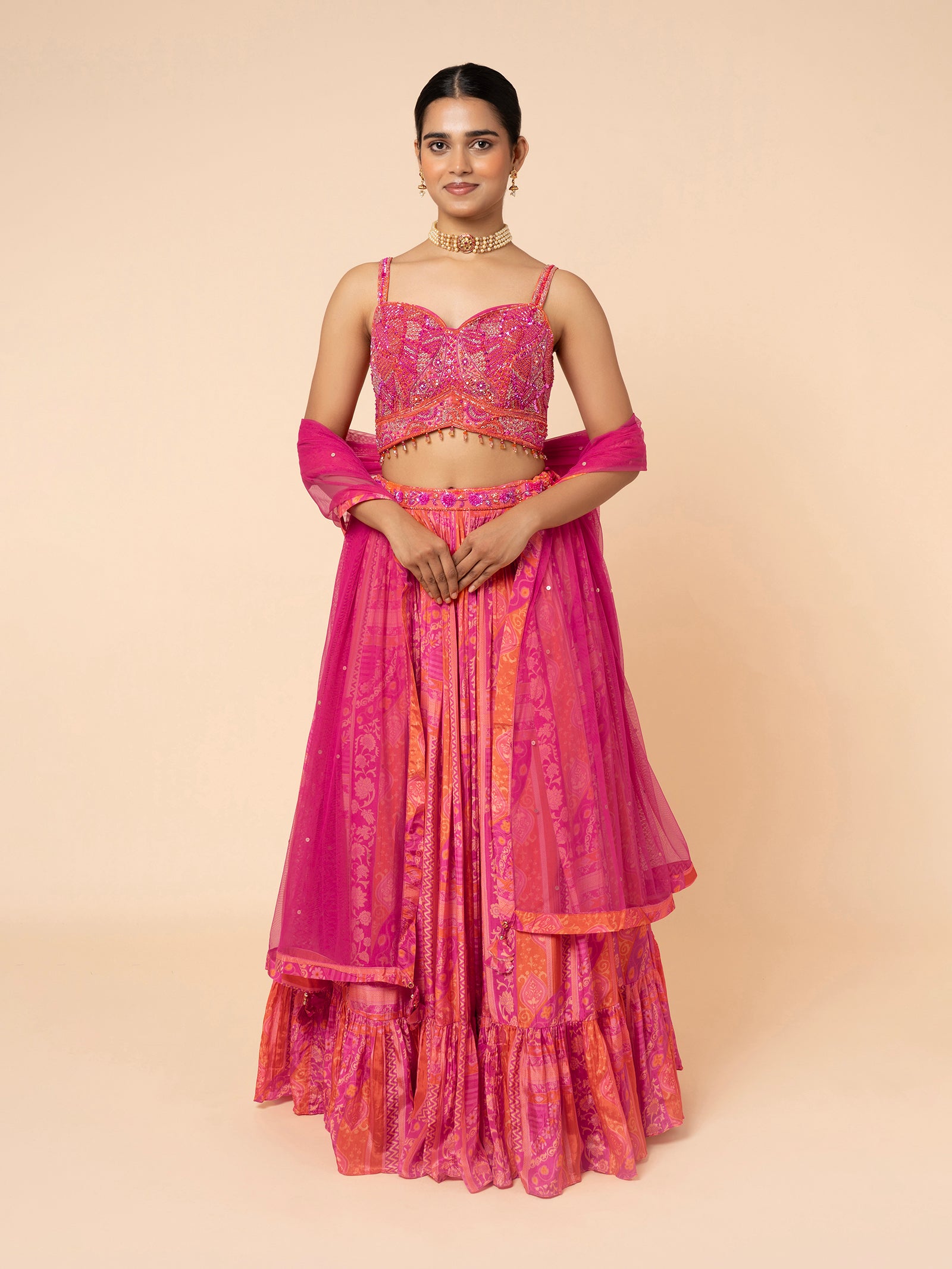 Pink and Orange Printed Lehenga with Embellished Blouse