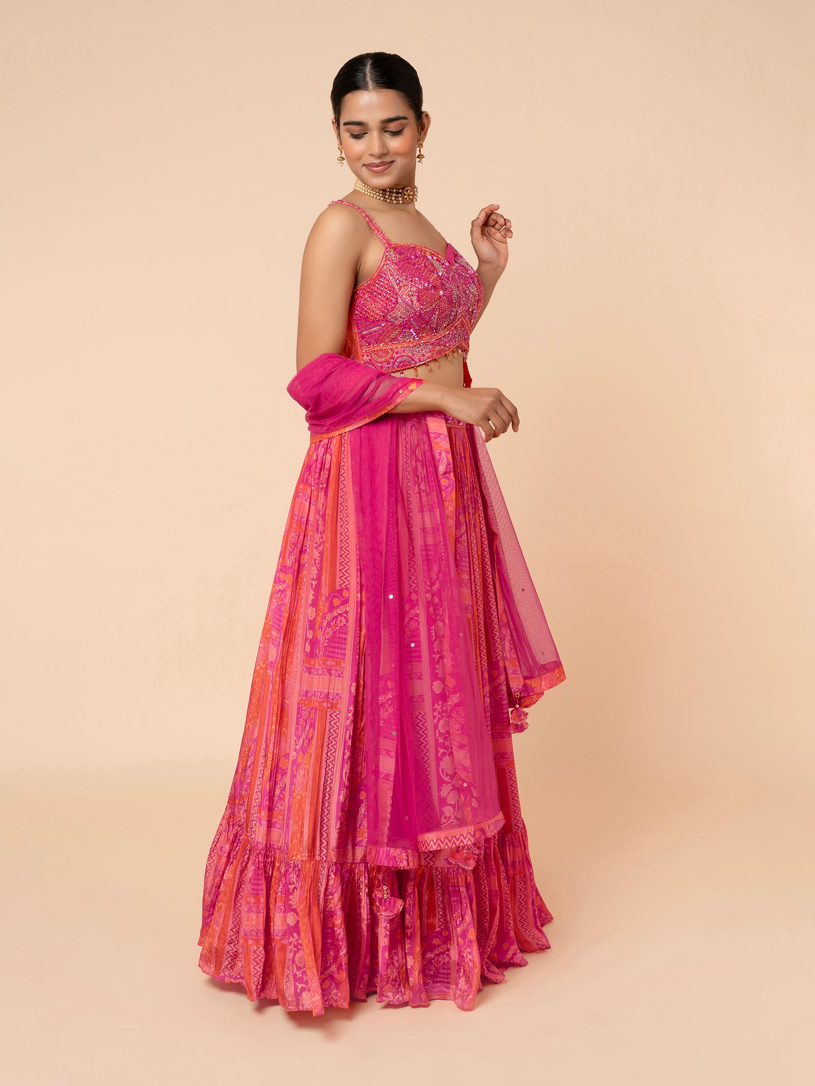 Pink and Orange Printed Lehenga with Embellished Blouse