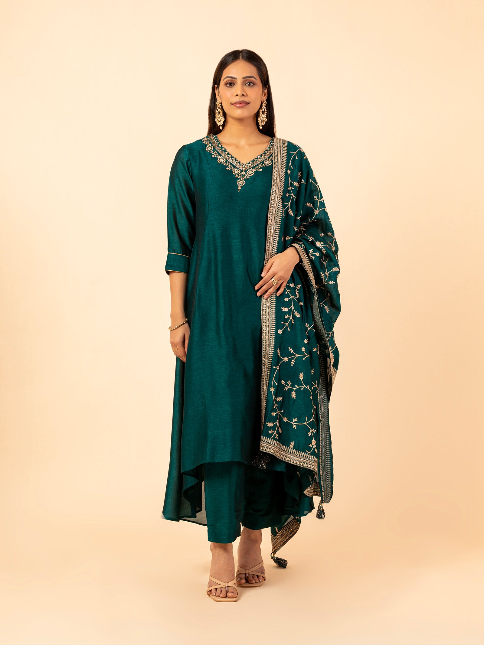 Teal Bloom Silk Suit Set