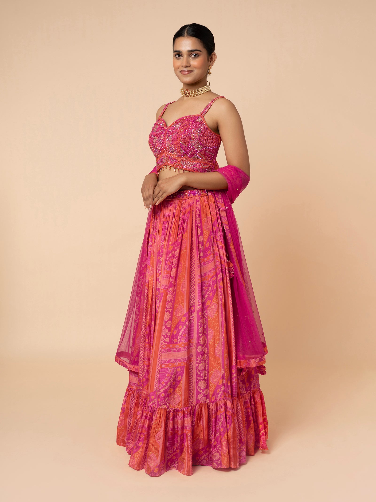 Pink and Orange Printed Lehenga with Embellished Blouse