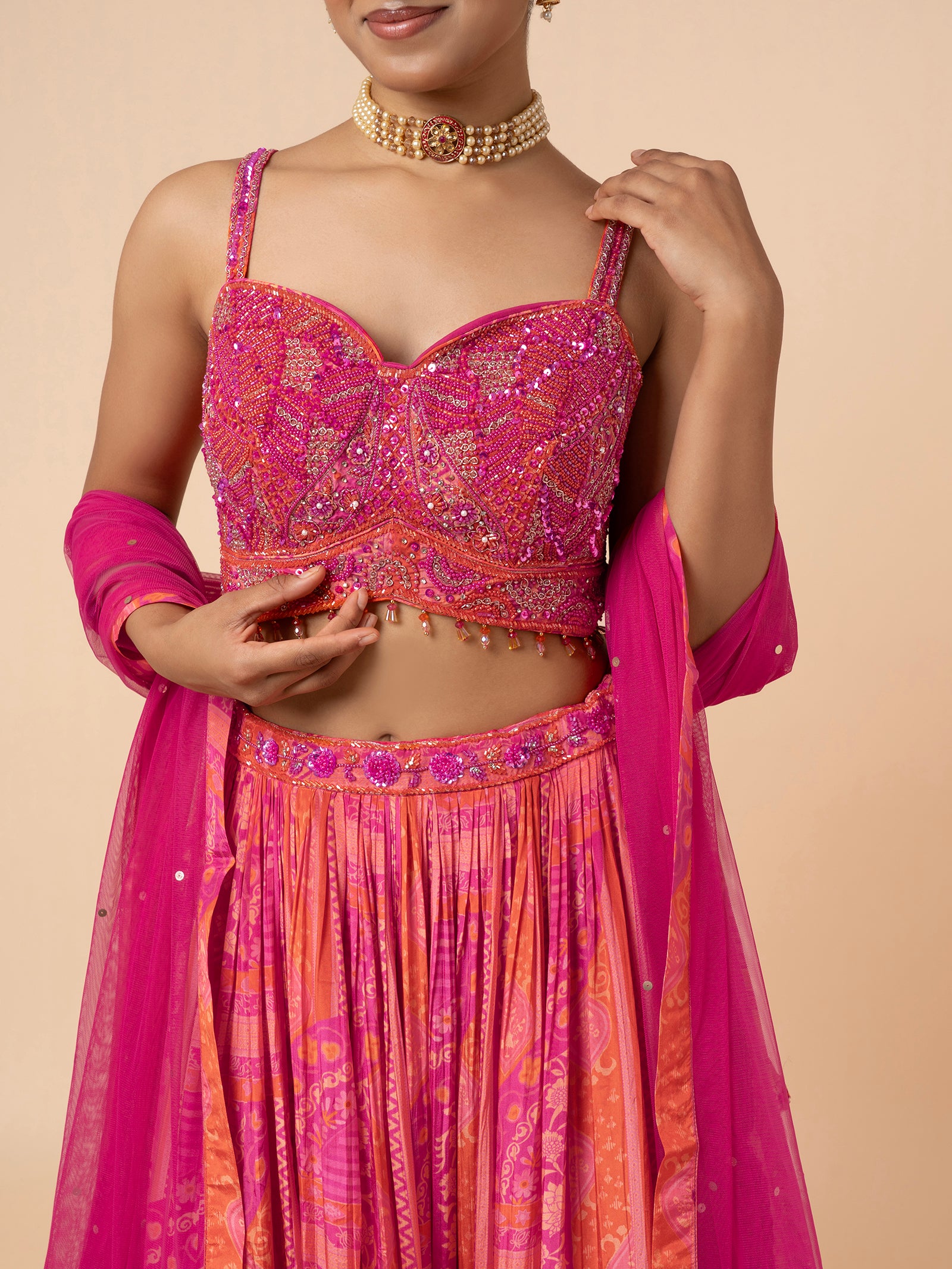 Pink and Orange Printed Lehenga with Embellished Blouse