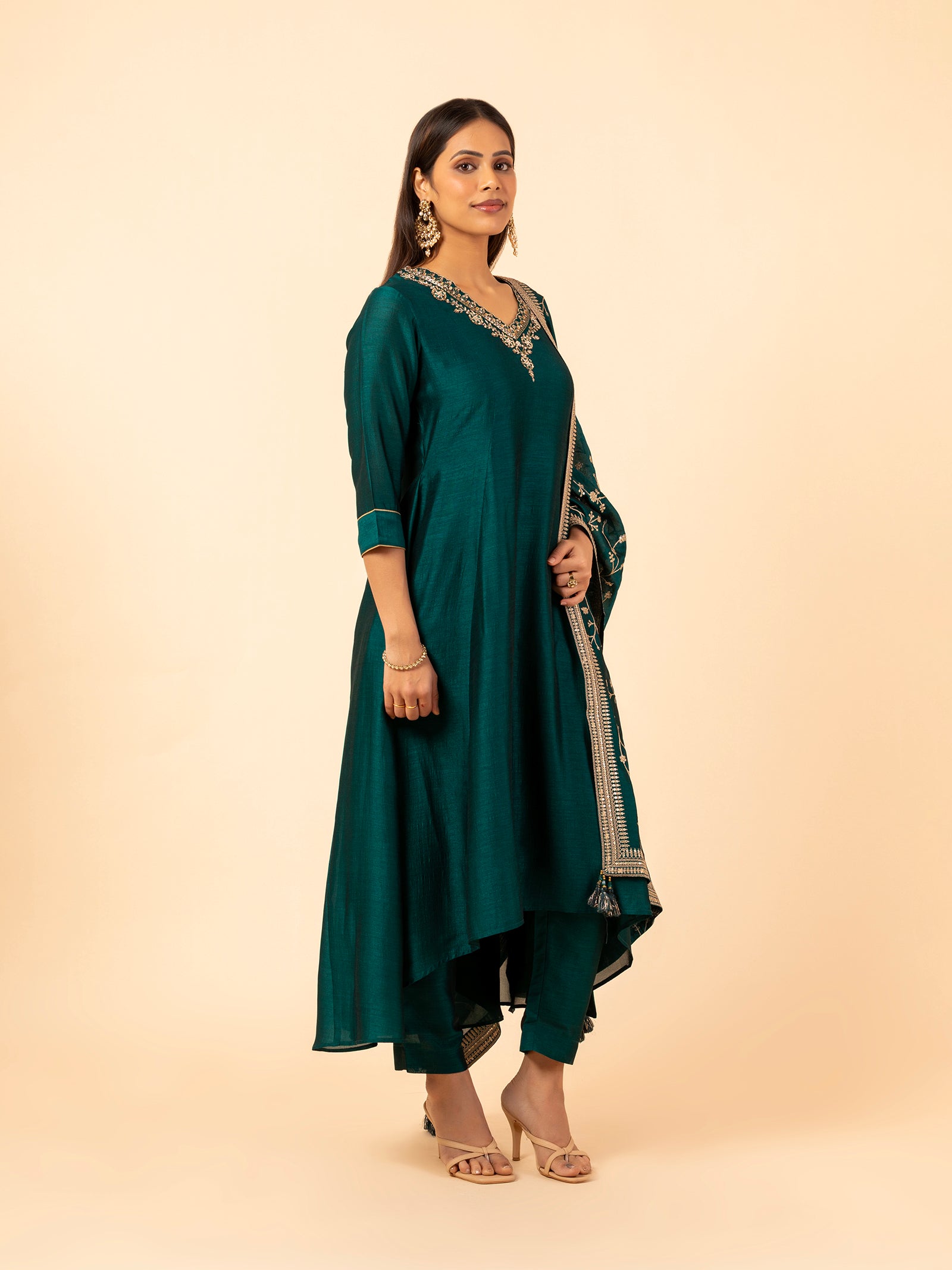 Teal Bloom Silk Suit Set
