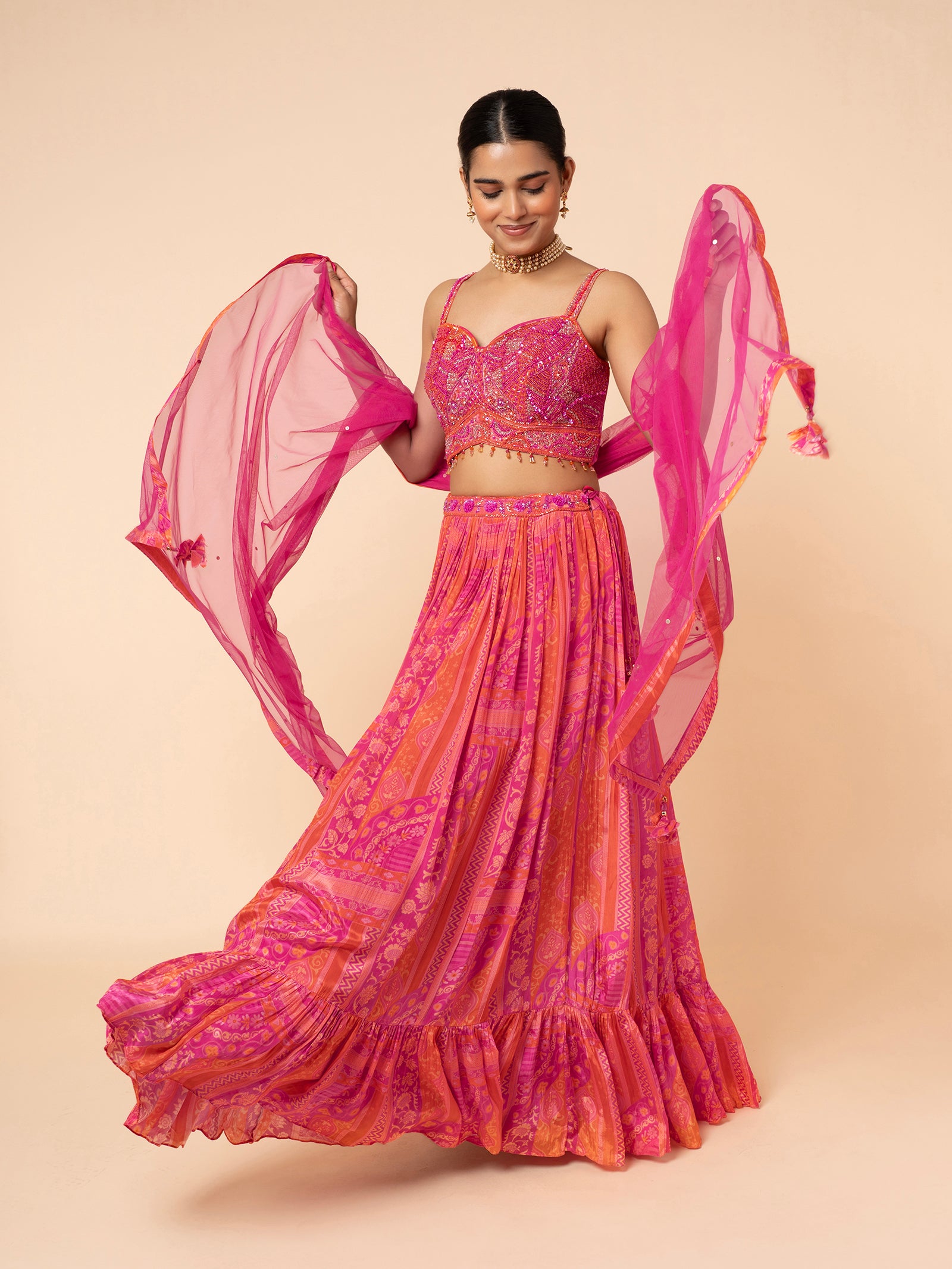 Pink and Orange Printed Lehenga with Embellished Blouse