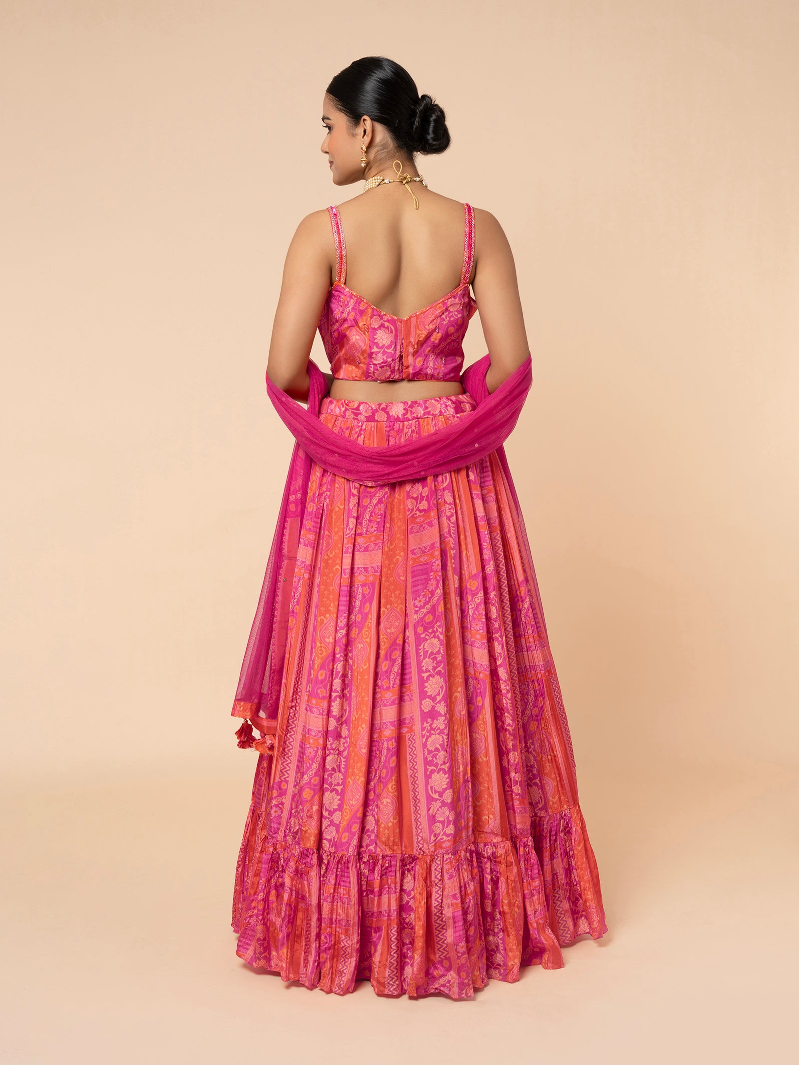 Pink and Orange Printed Lehenga with Embellished Blouse