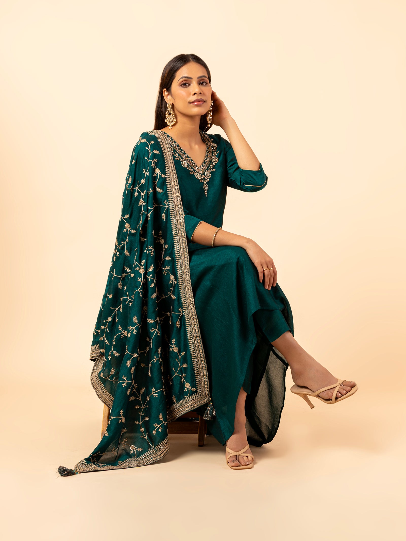 Teal Bloom Silk Suit Set