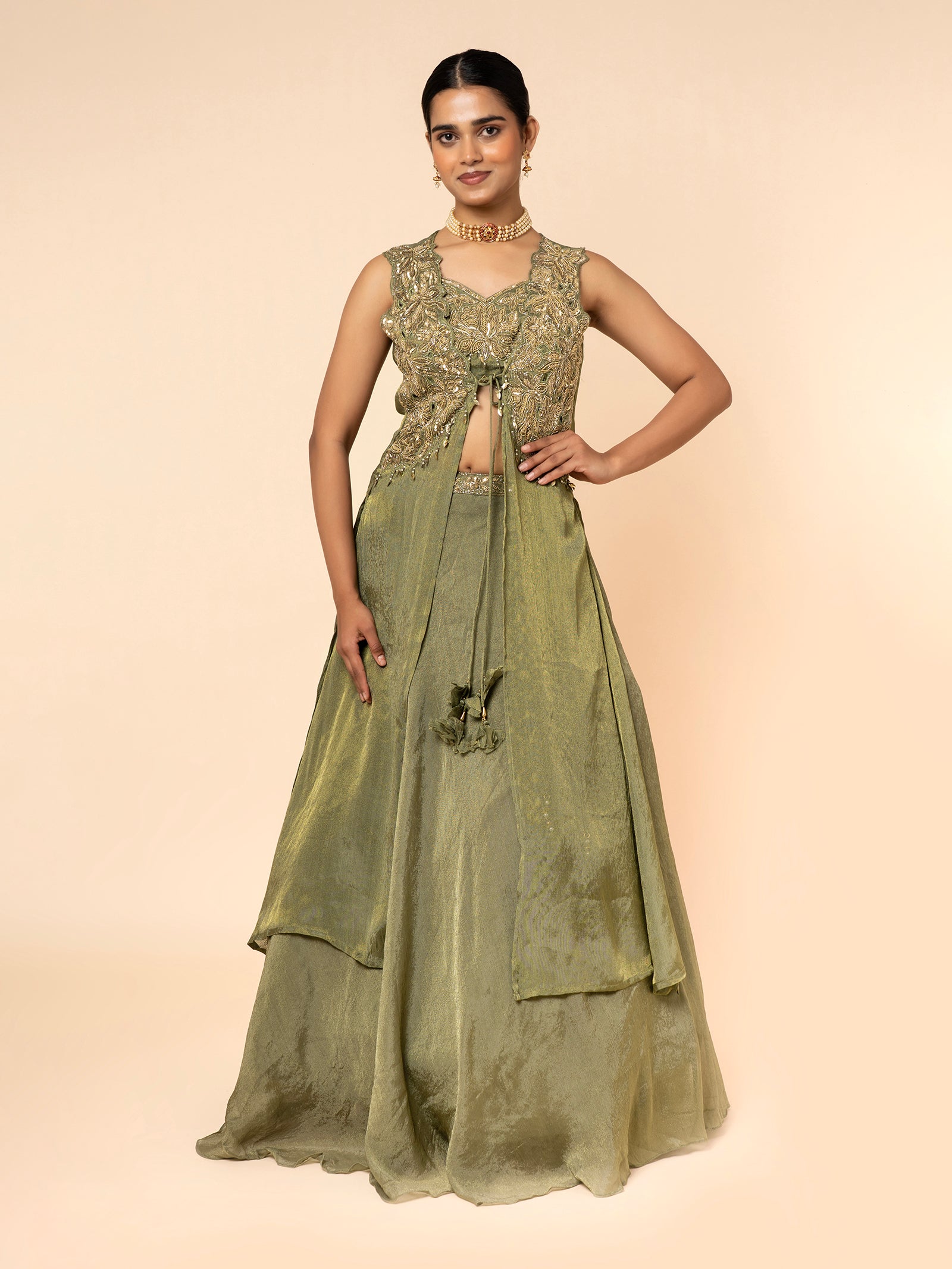 Olive Green Shimmer Skirt Set with Embroidered Peplum Top