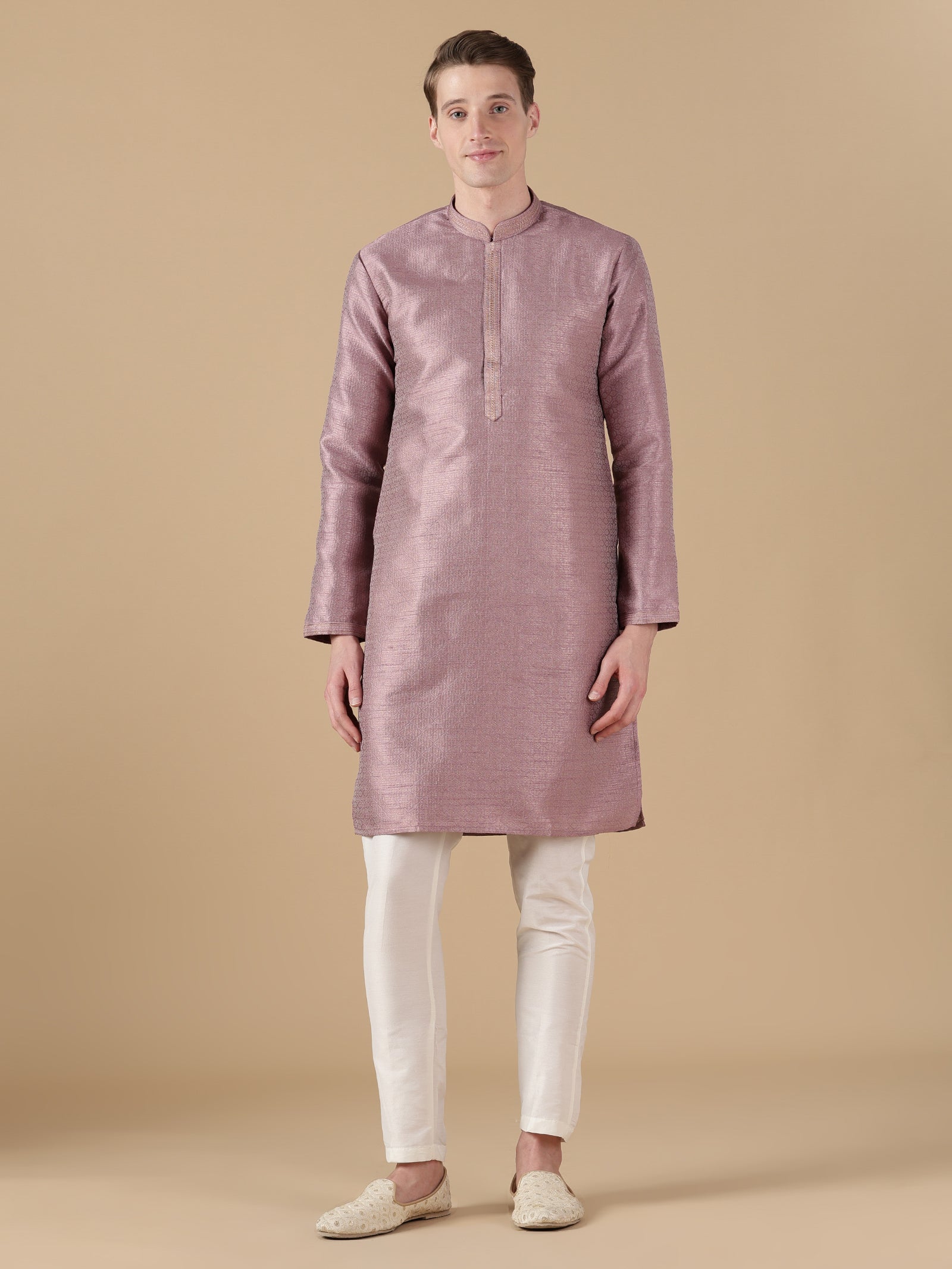 Mauve Textured Silk Kurta Set