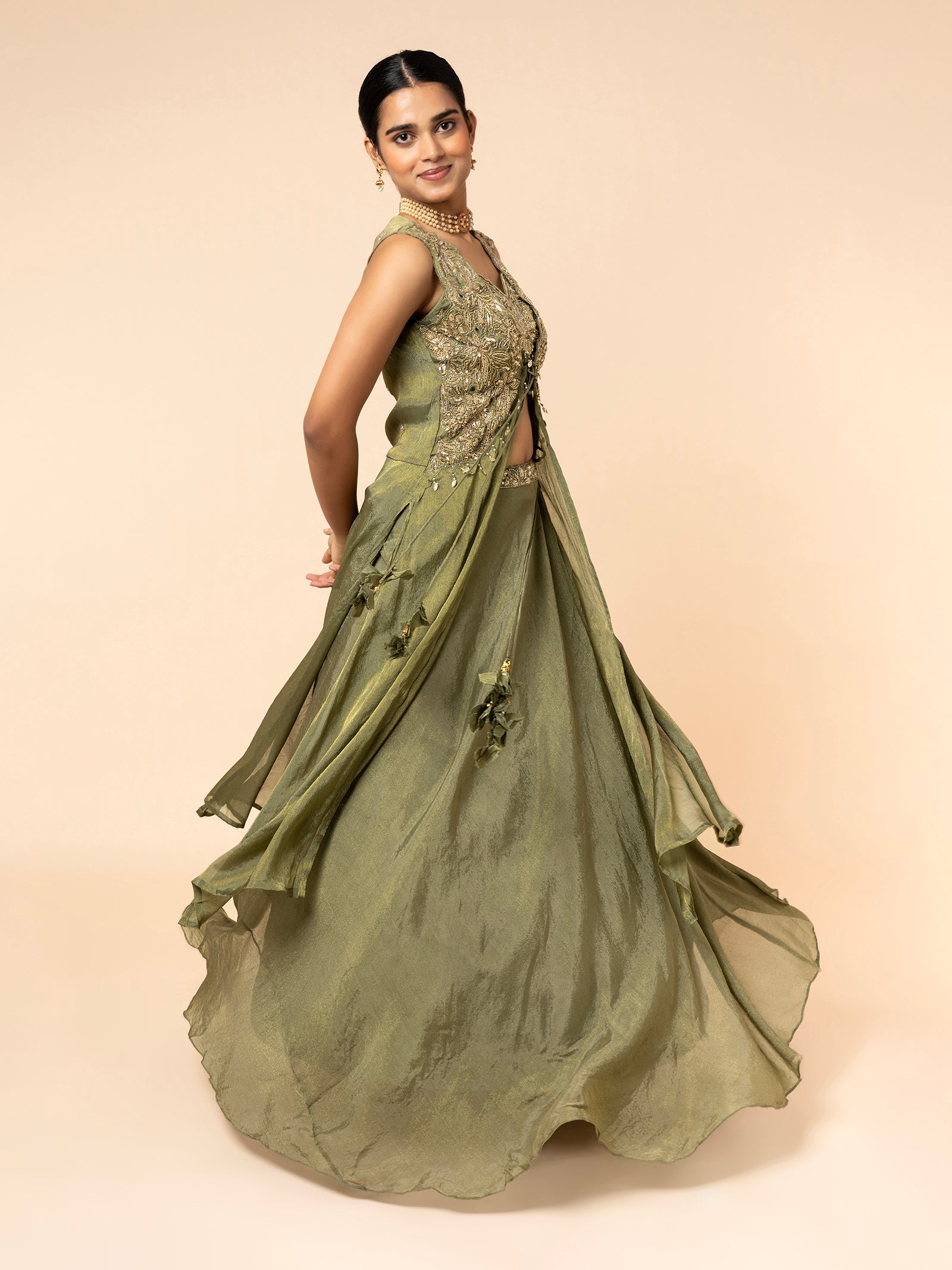 Olive Green Shimmer Skirt Set with Embroidered Peplum Top