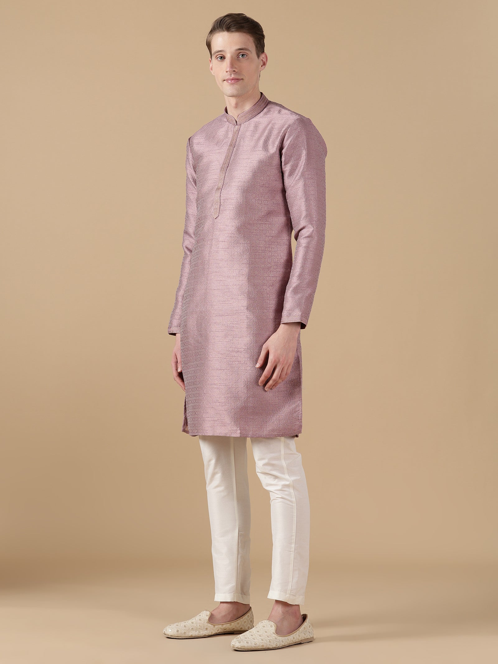 Mauve Textured Silk Kurta Set