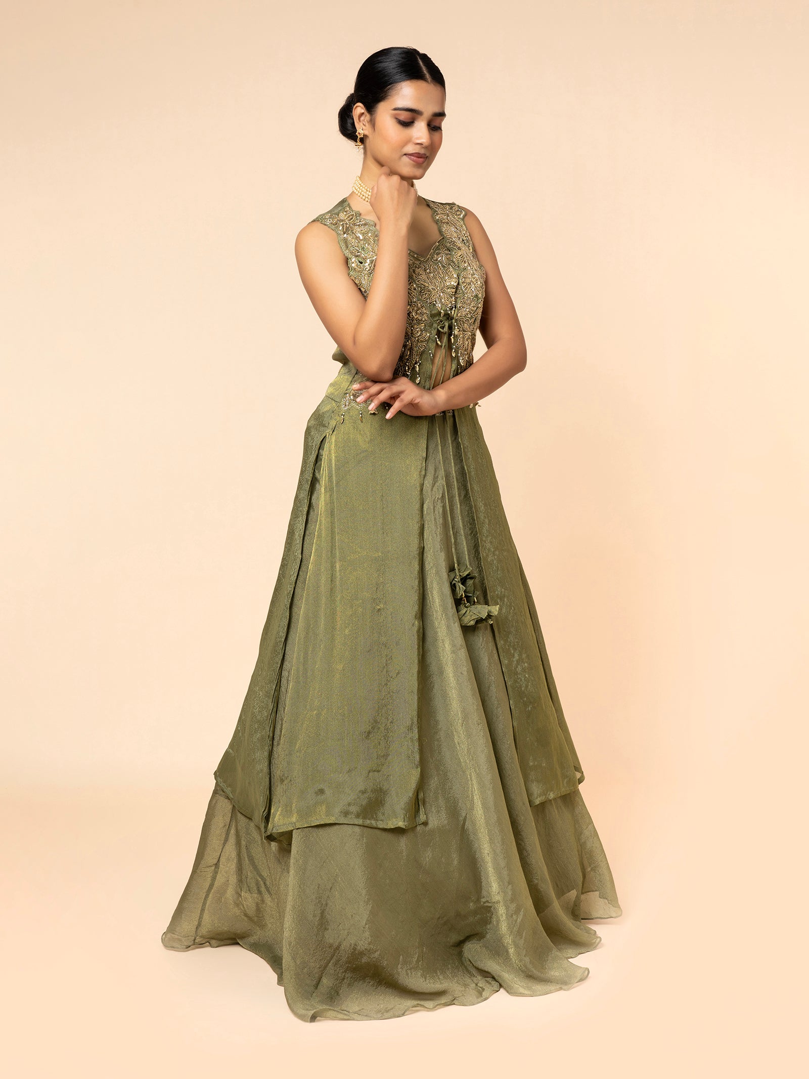 Olive Green Shimmer Skirt Set with Embroidered Peplum Top Silzari Olive Green Shimmer Skirt Set with Embroidered Peplum Top Silzari