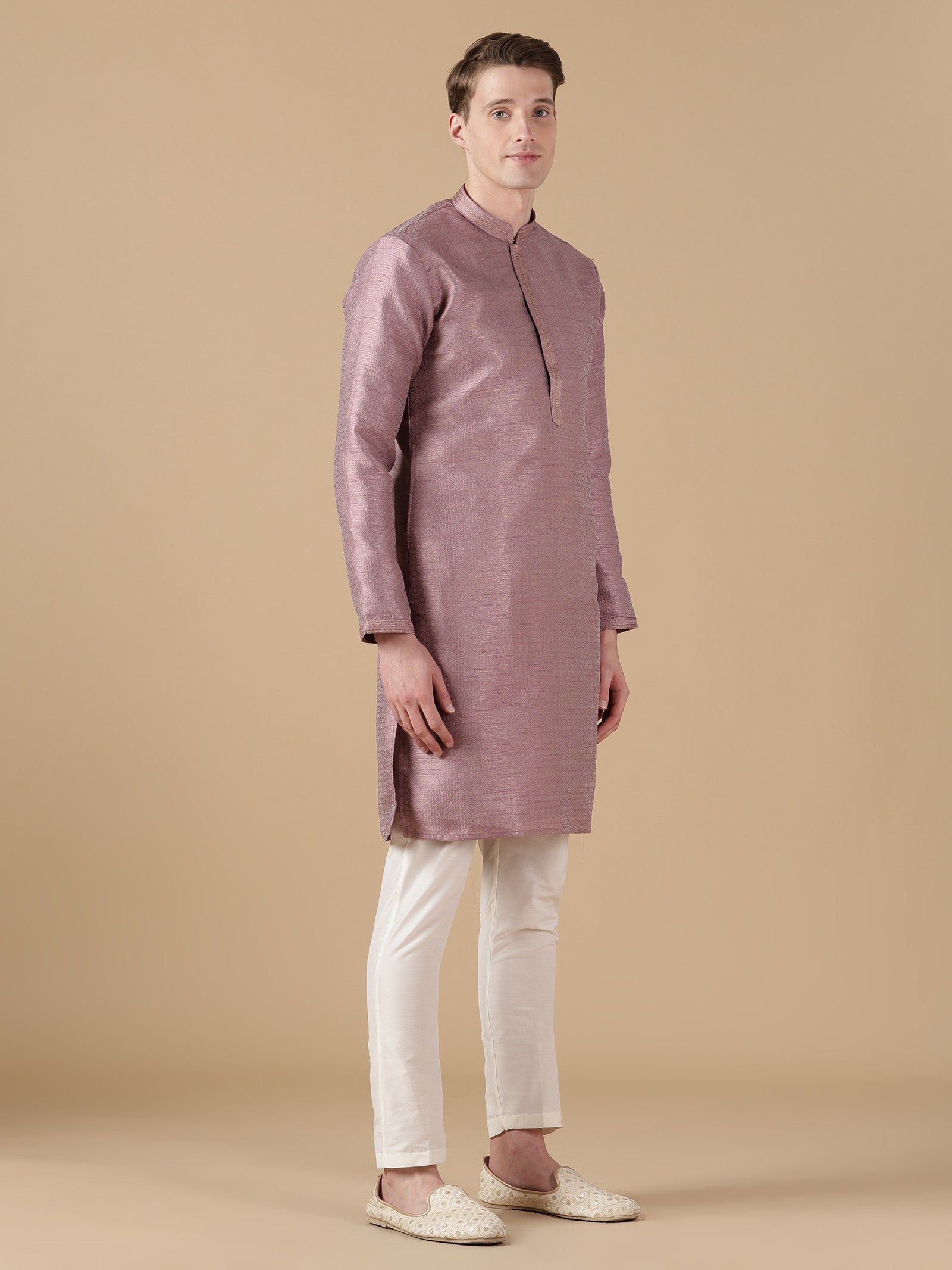 Mauve Textured Silk Kurta Set