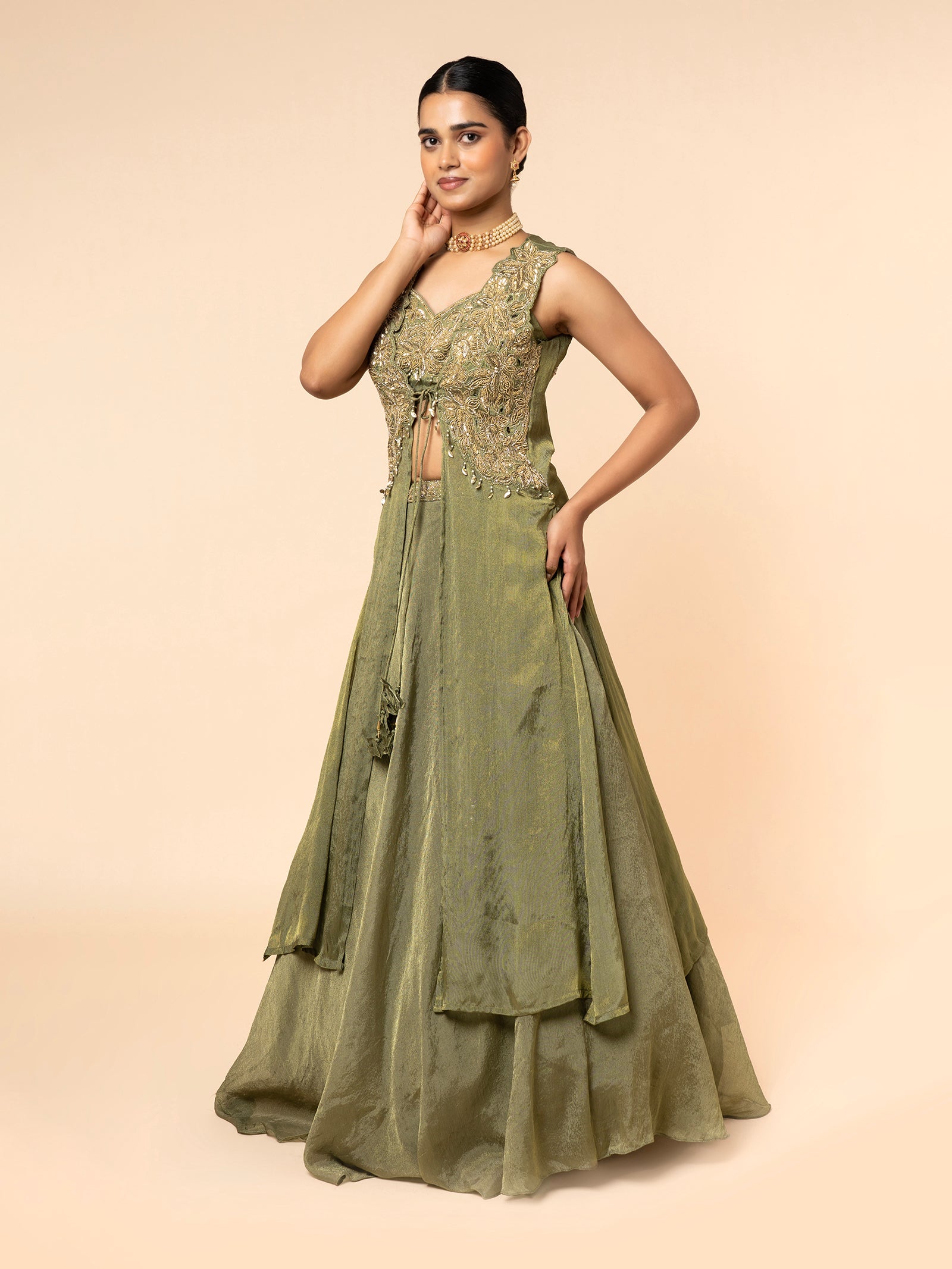 Olive Green Shimmer Skirt Set with Embroidered Peplum Top