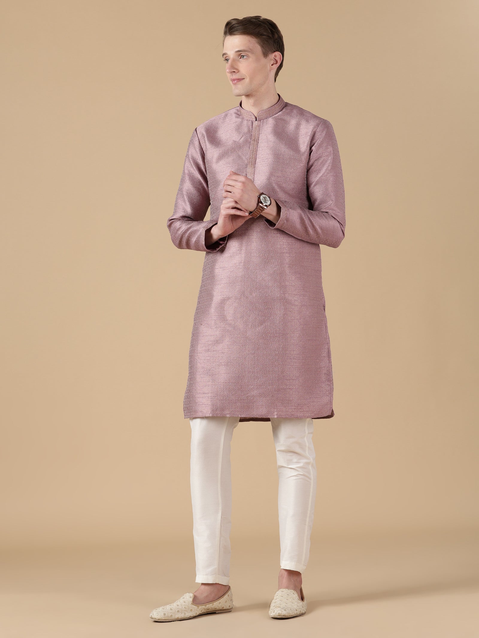 Mauve Textured Silk Kurta Set