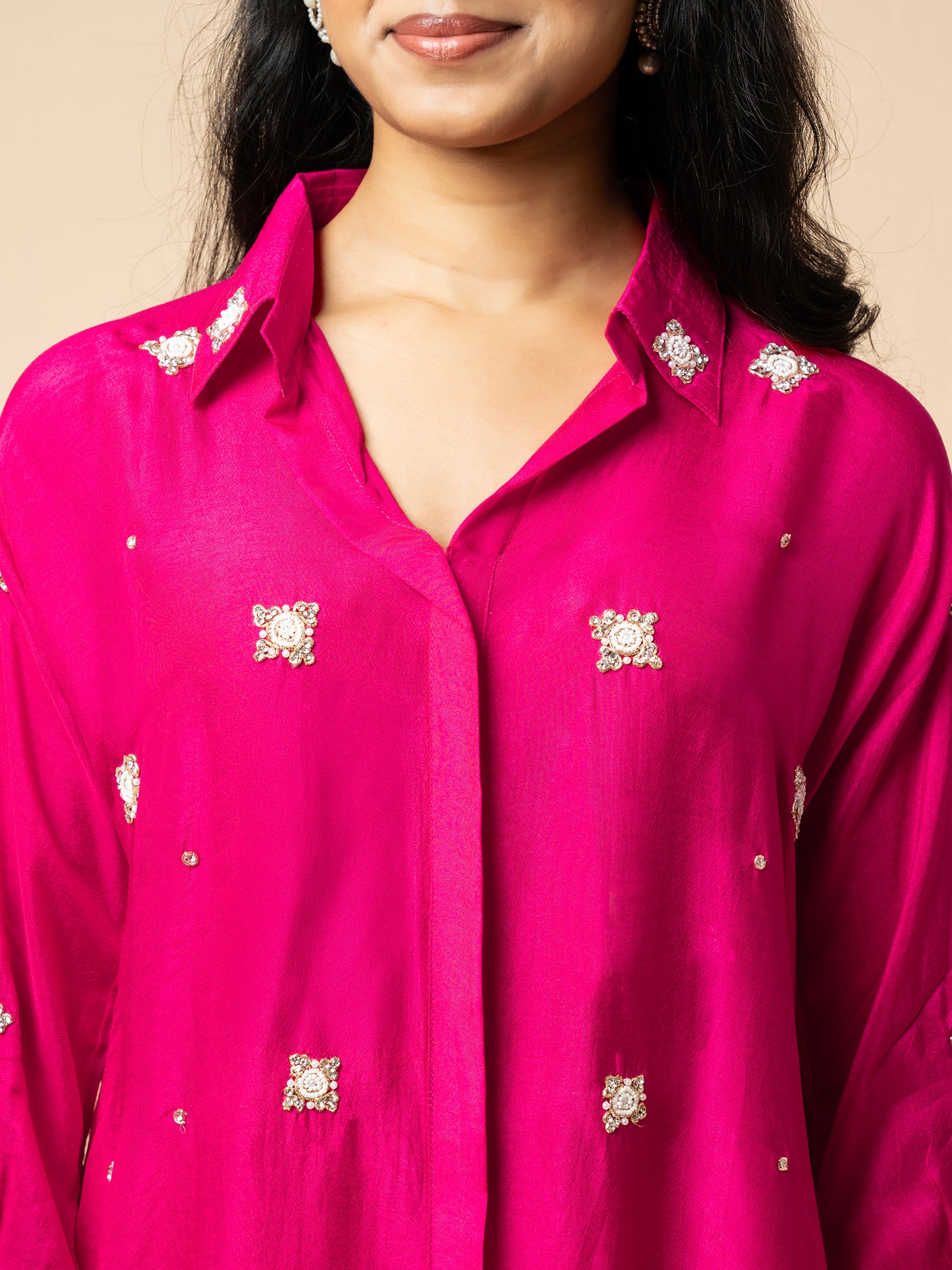 Magenta Silk Co-ord Set with Embellished Collar & Flared Silhouette