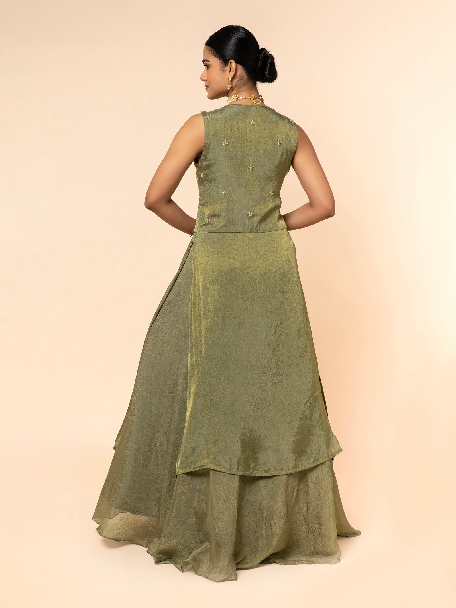 Olive Green Shimmer Skirt Set with Embroidered Peplum Top