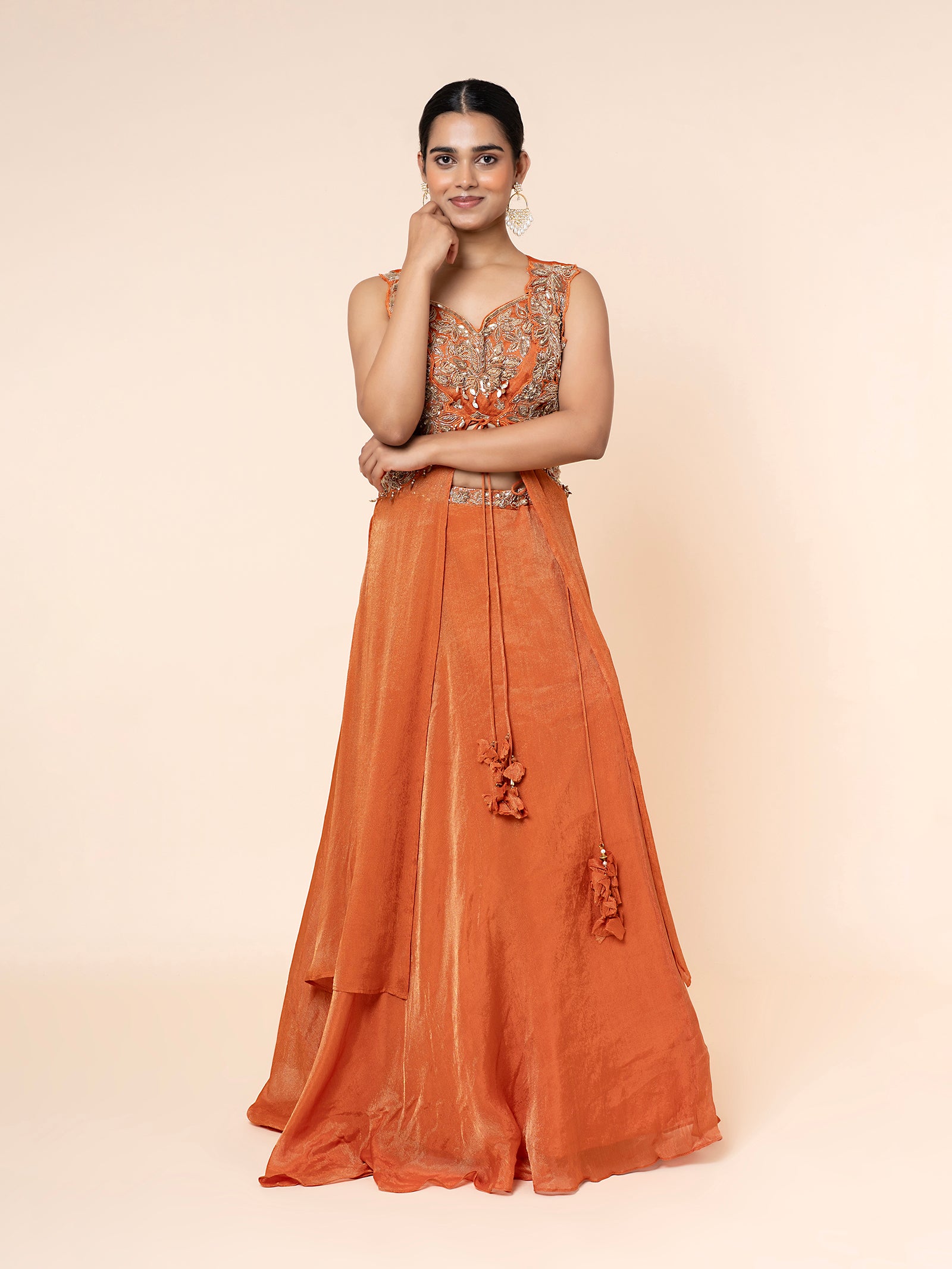 Orange Shimmer Skirt Set with Embroidered Peplum Top