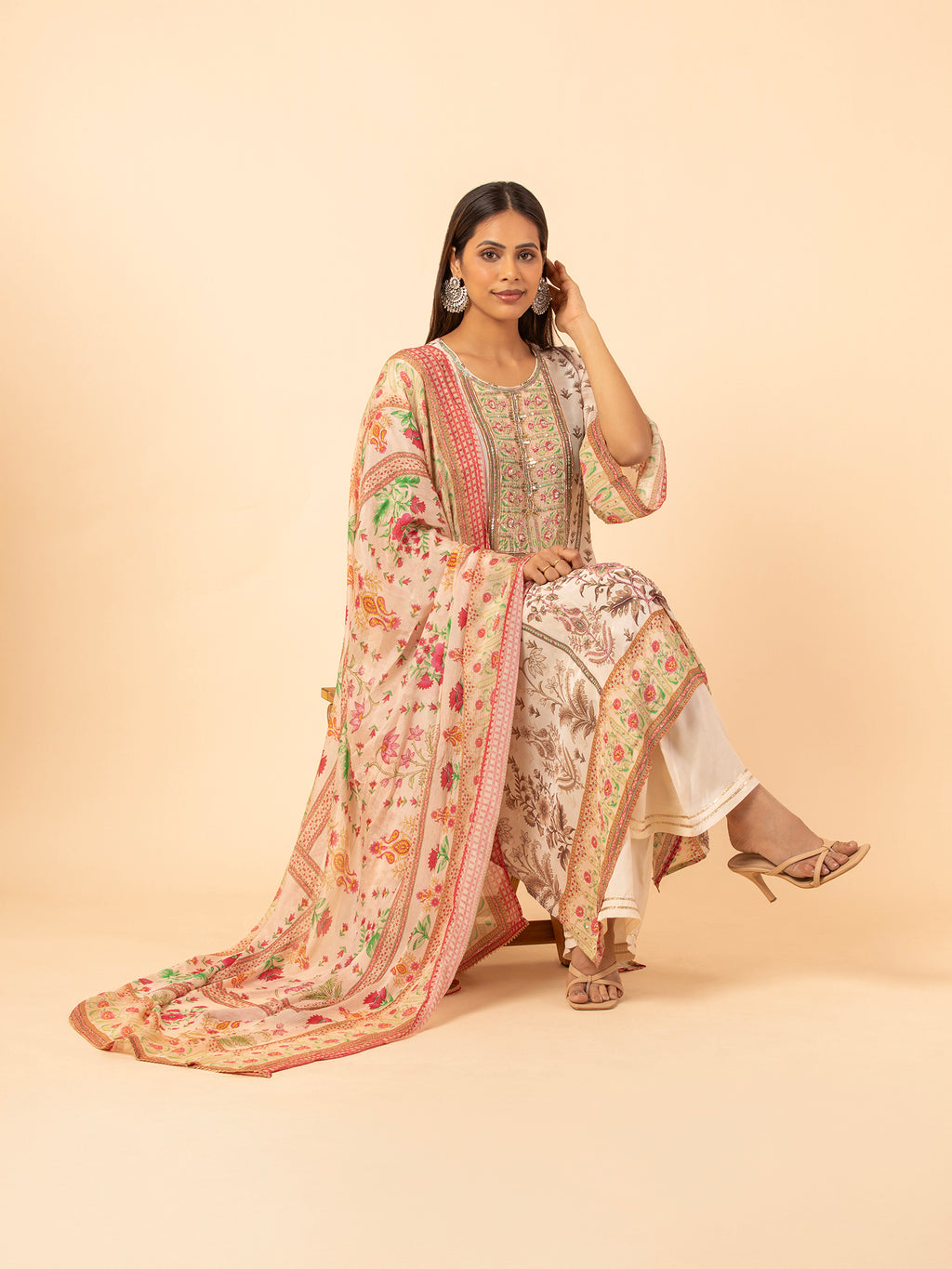 Floral Print Kaftan-Style Kurta Set