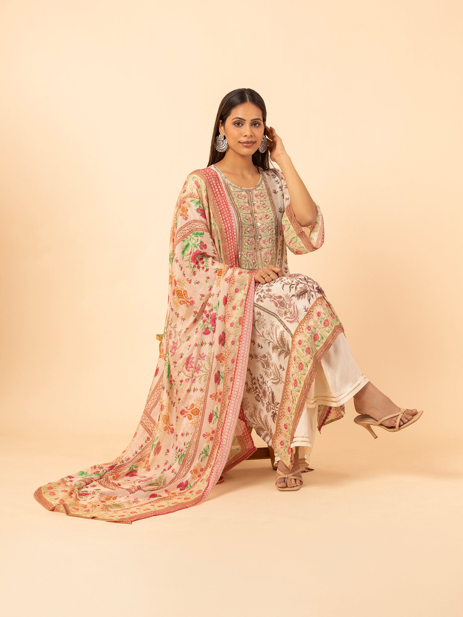 Floral Print Kaftan-Style Kurta Set